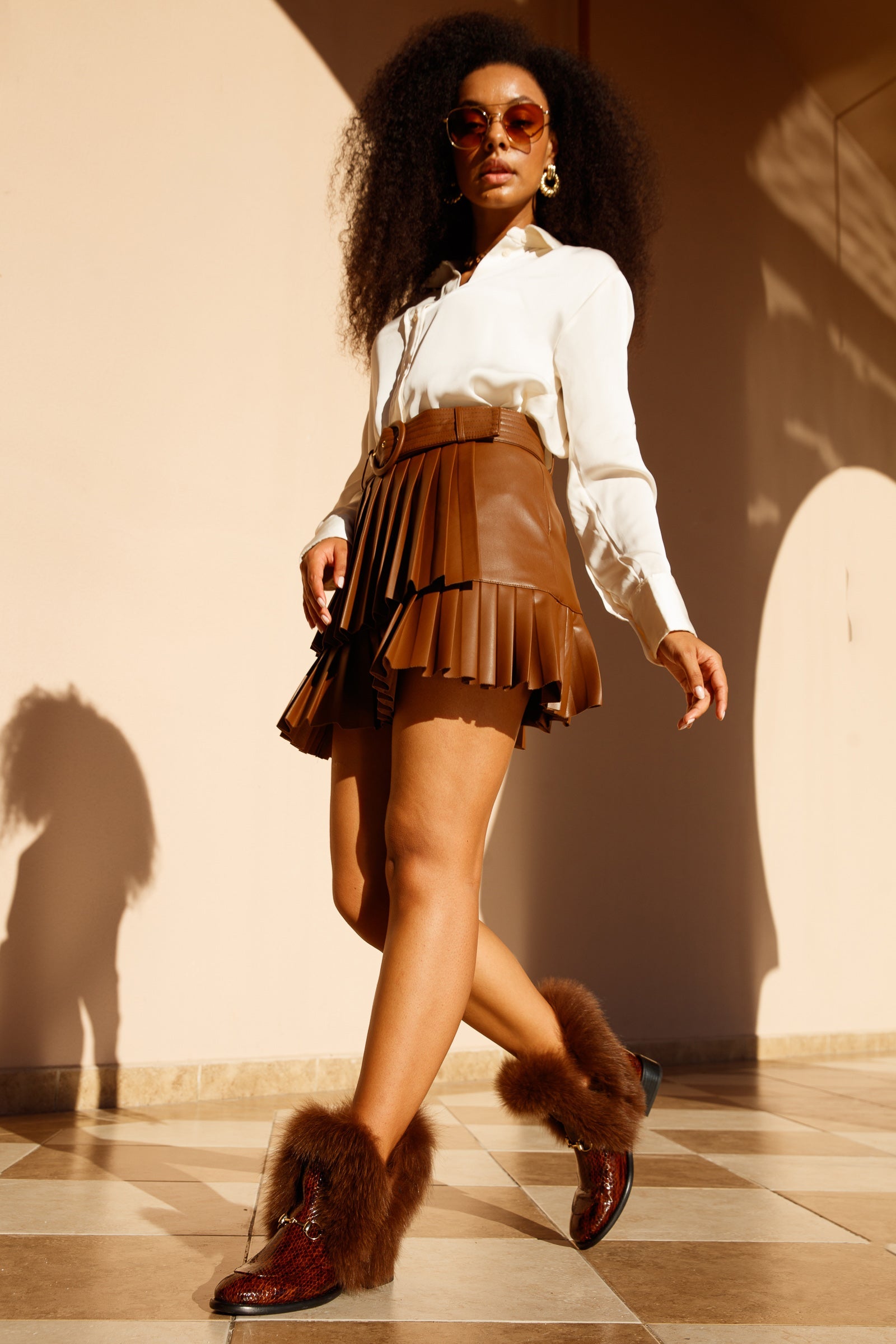 The Izmir Brown Patent Leather Natural Fur Mid Calf Boot All New