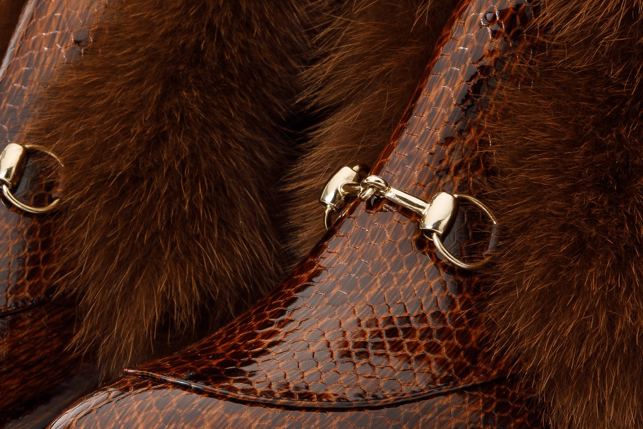 The Izmir Brown Patent Leather Natural Fur Mid Calf Boot All New