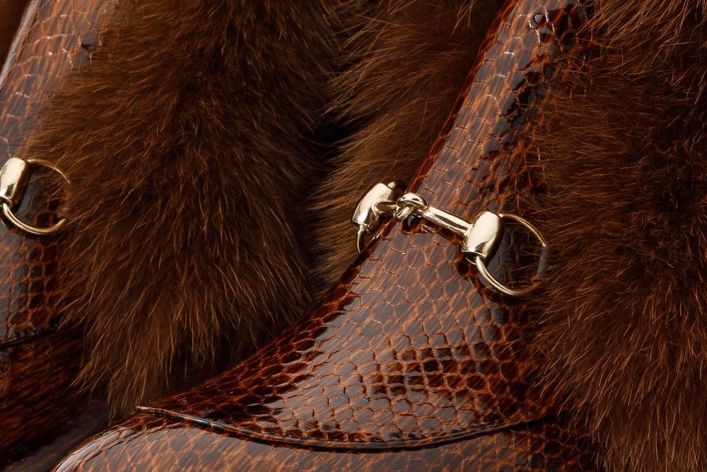 The Izmir Brown Patent Leather Natural Fur Mid Calf Boot All New