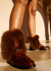 The Izmir Brown Patent Leather Natural Fur Mid Calf Boot All New