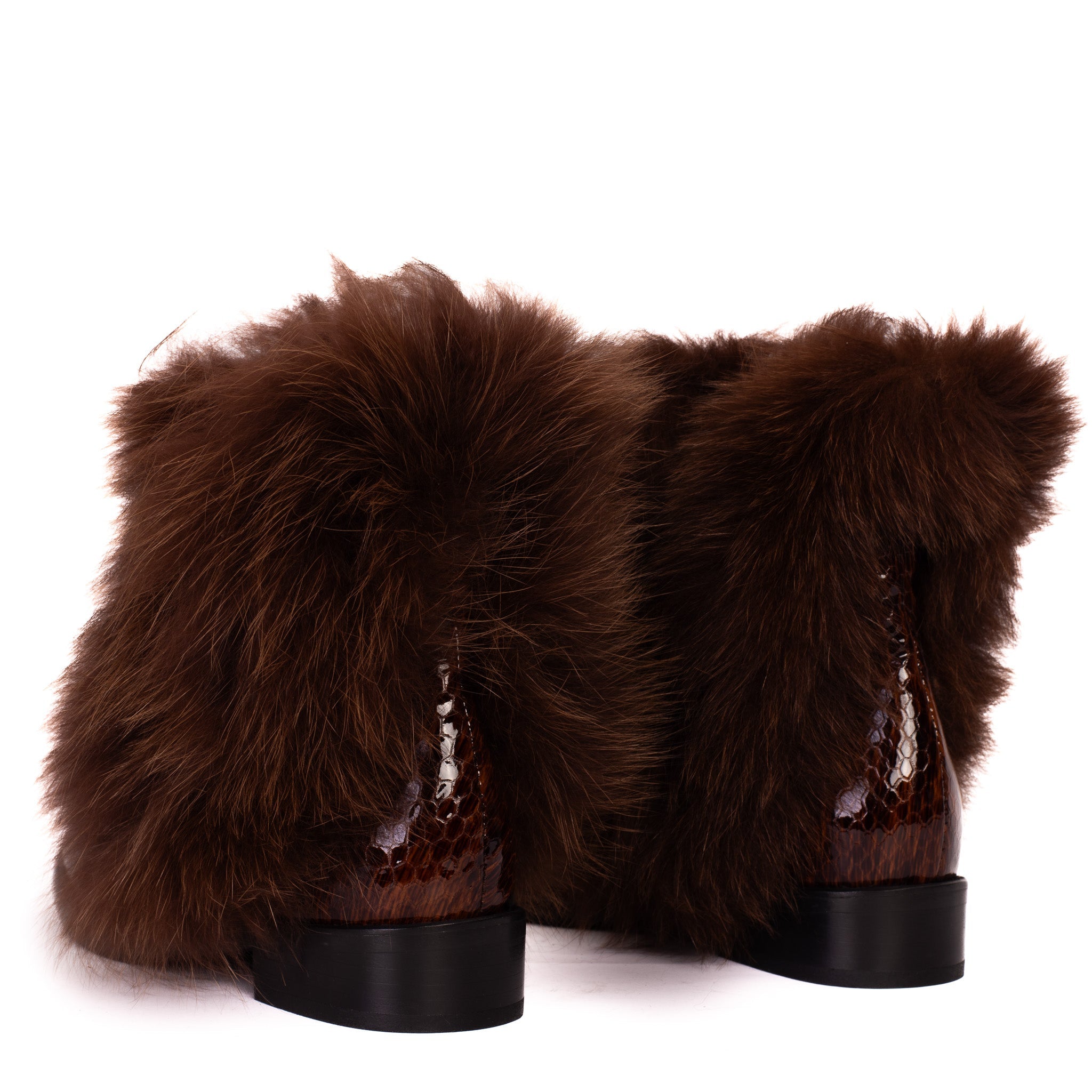 The Izmir Brown Patent Leather Natural Fur Mid Calf Boot All New