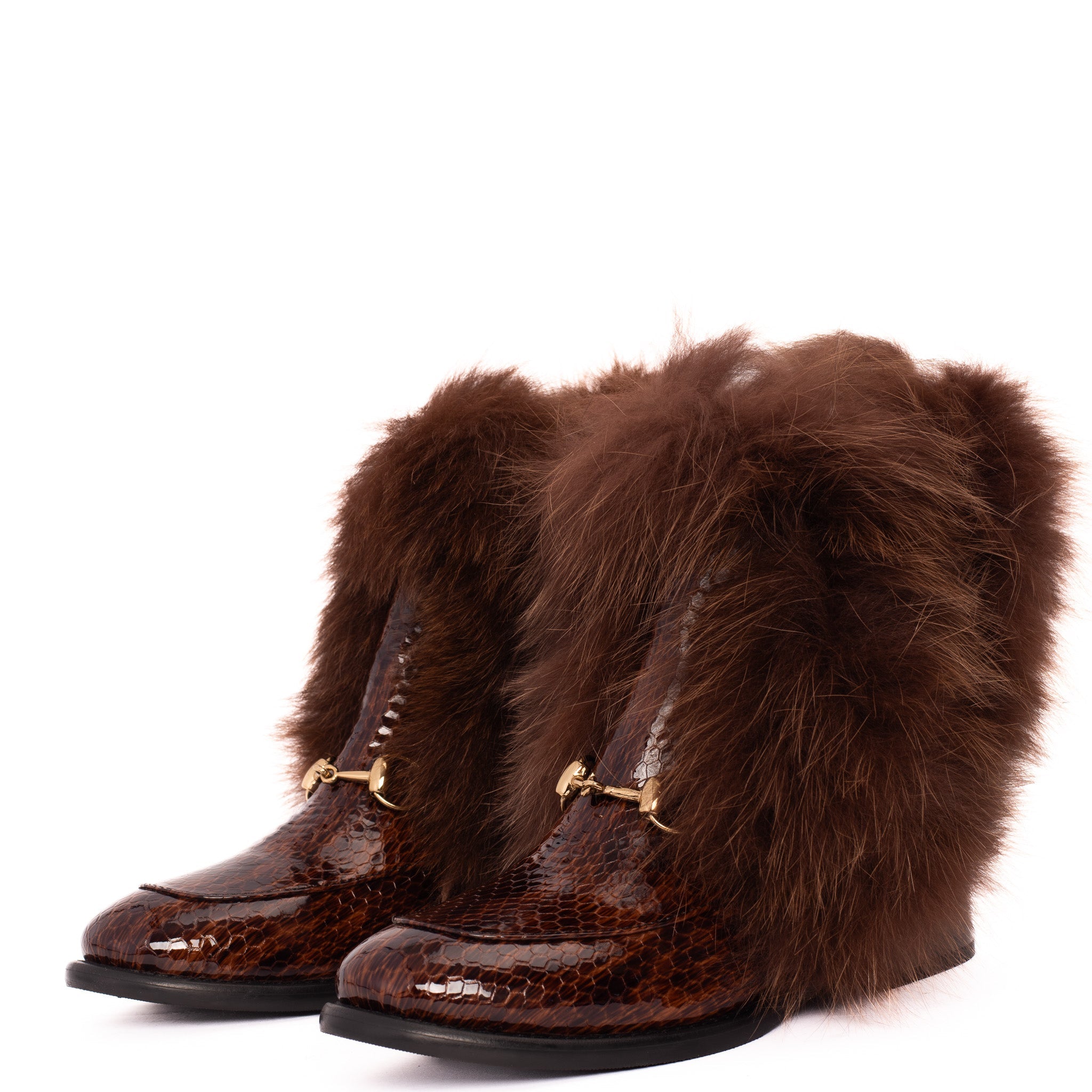 The Izmir Brown Patent Leather Natural Fur Mid Calf Boot All New