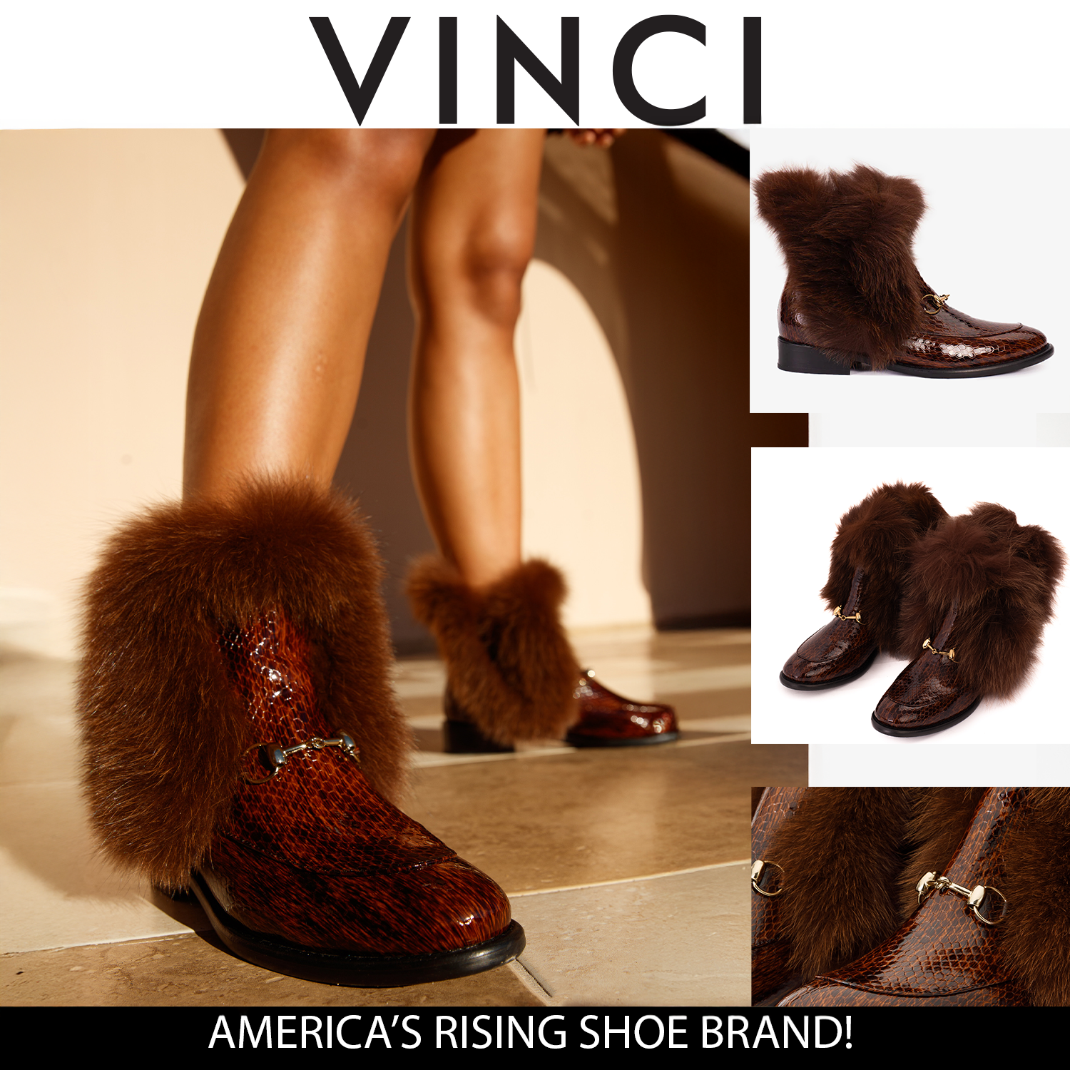 The Izmir Brown Patent Leather Natural Fur Mid Calf Boot All New