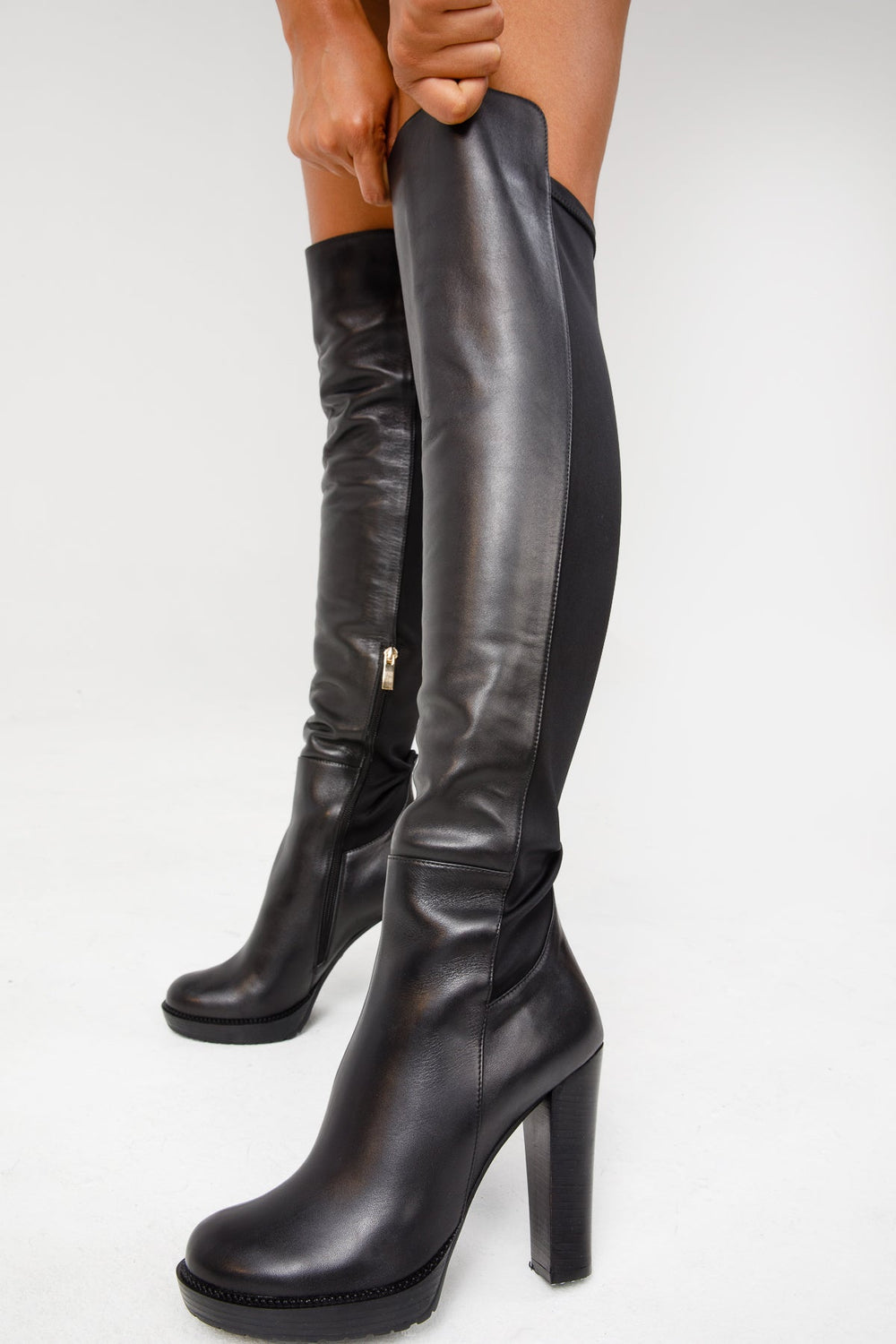 The Sao Paulo Black Leather Knee High Platform Heel Boot Exclusive Style
