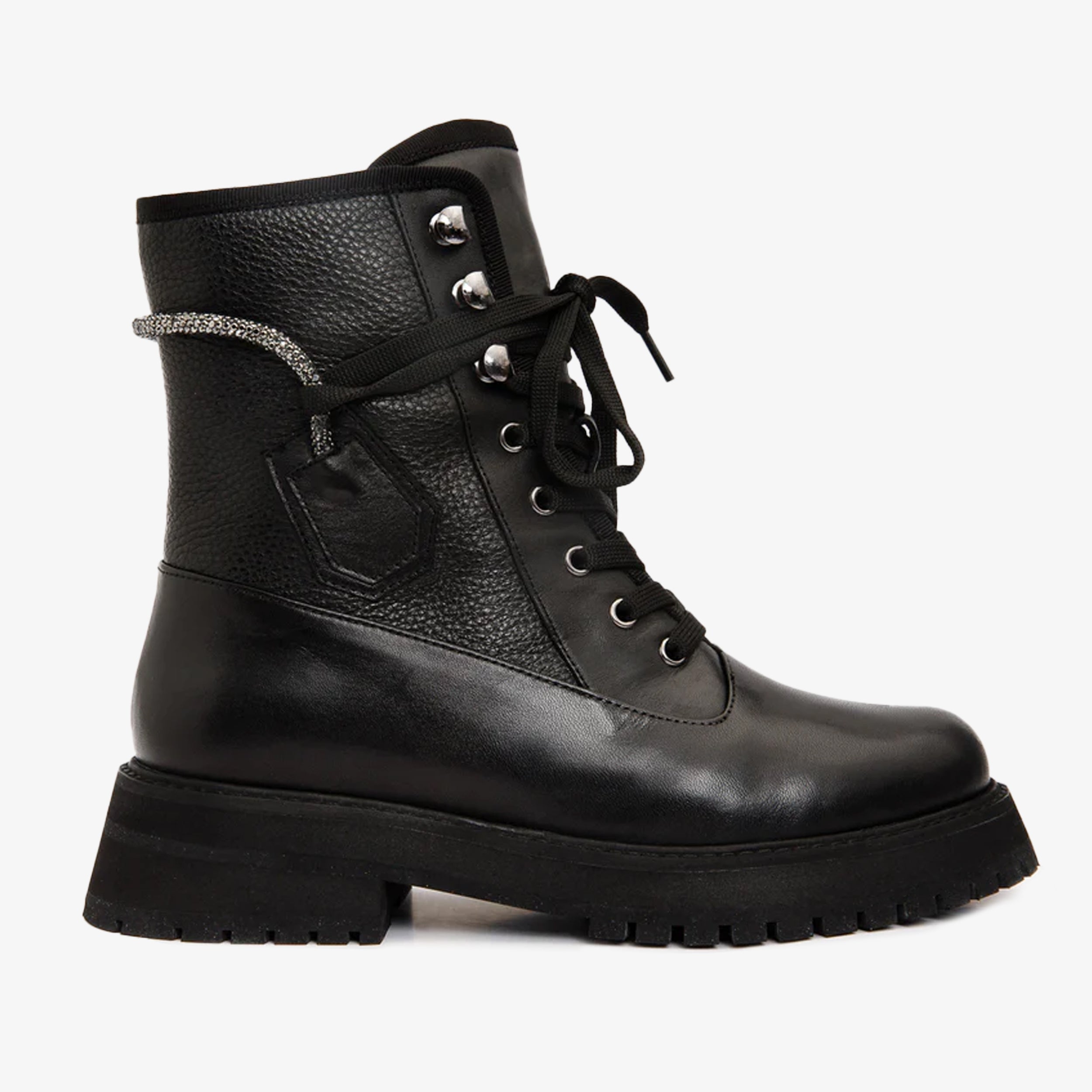 The Arata Black Leather Lace-Up Ankle Boot With a Side Zipper On Sale