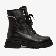 The Arata Black Leather Lace-Up Ankle Boot With a Side Zipper On Sale