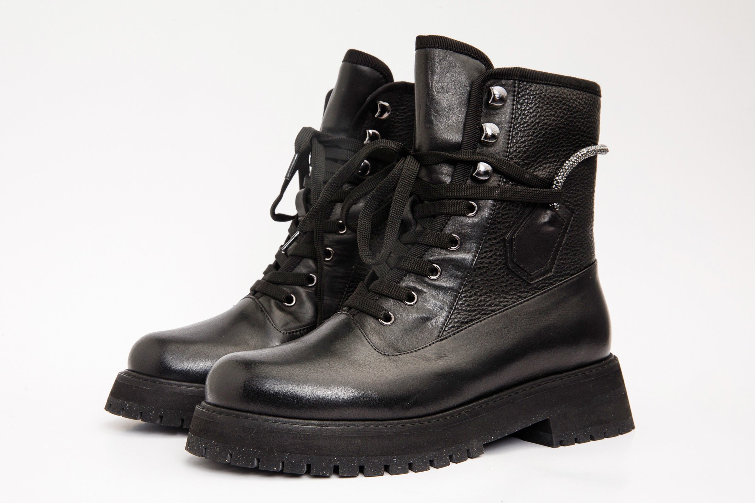 The Arata Black Leather Lace-Up Ankle Boot With a Side Zipper On Sale