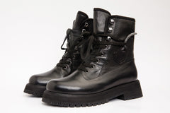 The Arata Black Leather Lace-Up Ankle Boot With a Side Zipper On Sale
