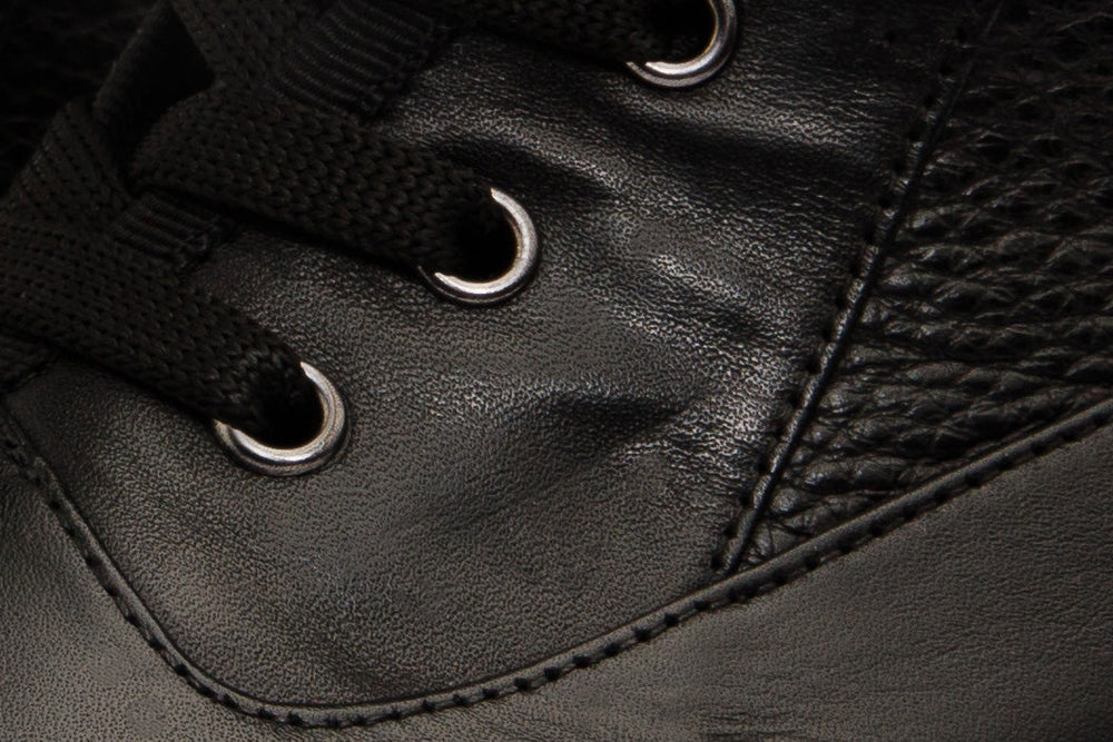 The Arata Black Leather Lace-Up Ankle Boot With a Side Zipper On Sale