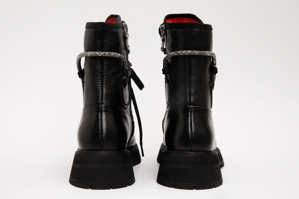The Arata Black Leather Lace-Up Ankle Boot With a Side Zipper On Sale