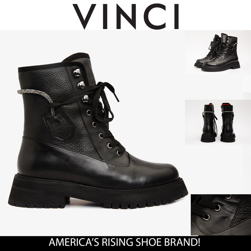 The Arata Black Leather Lace-Up Ankle Boot With a Side Zipper On Sale