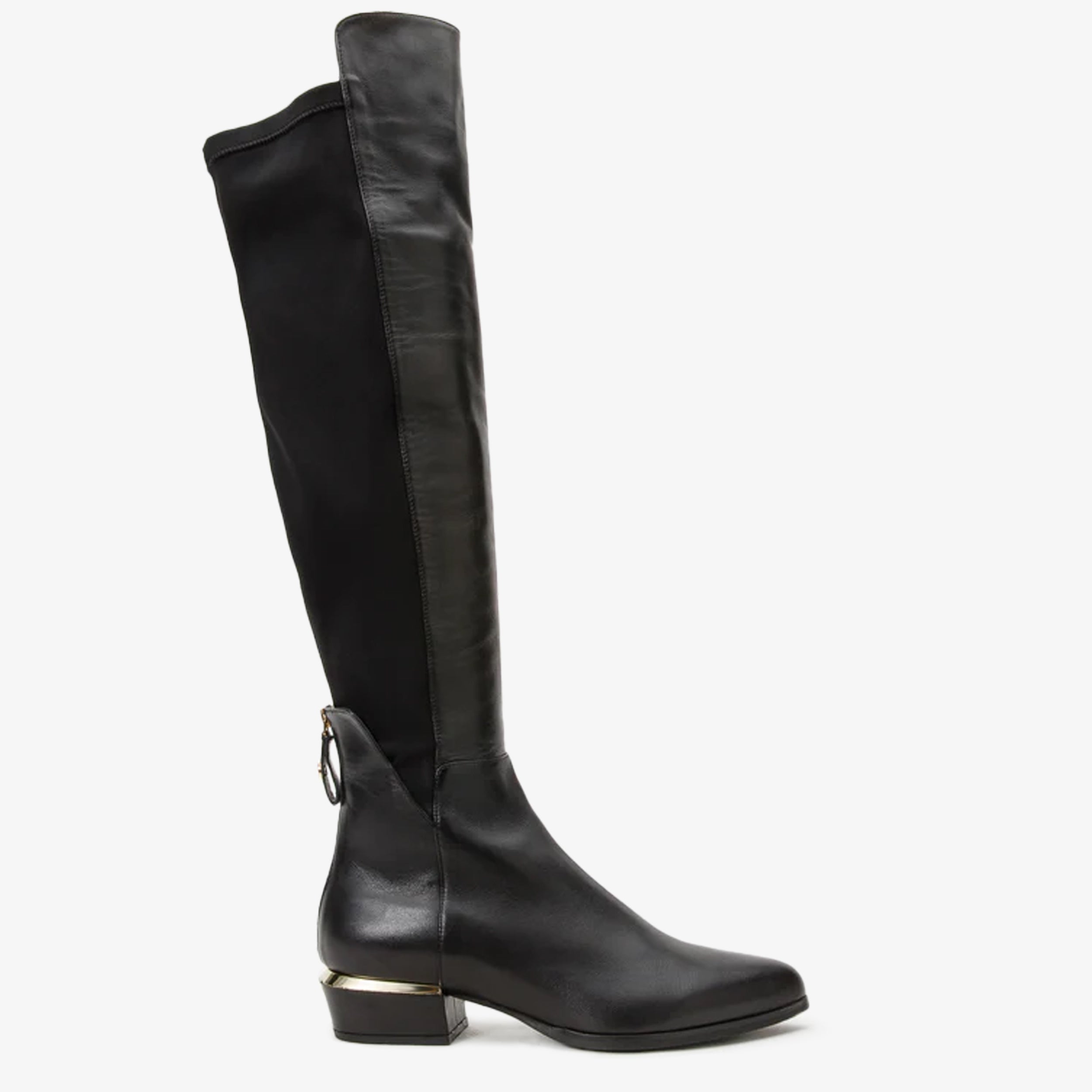 The Fairoks Black Leather Pointy Toe Knee High Boot For Sale