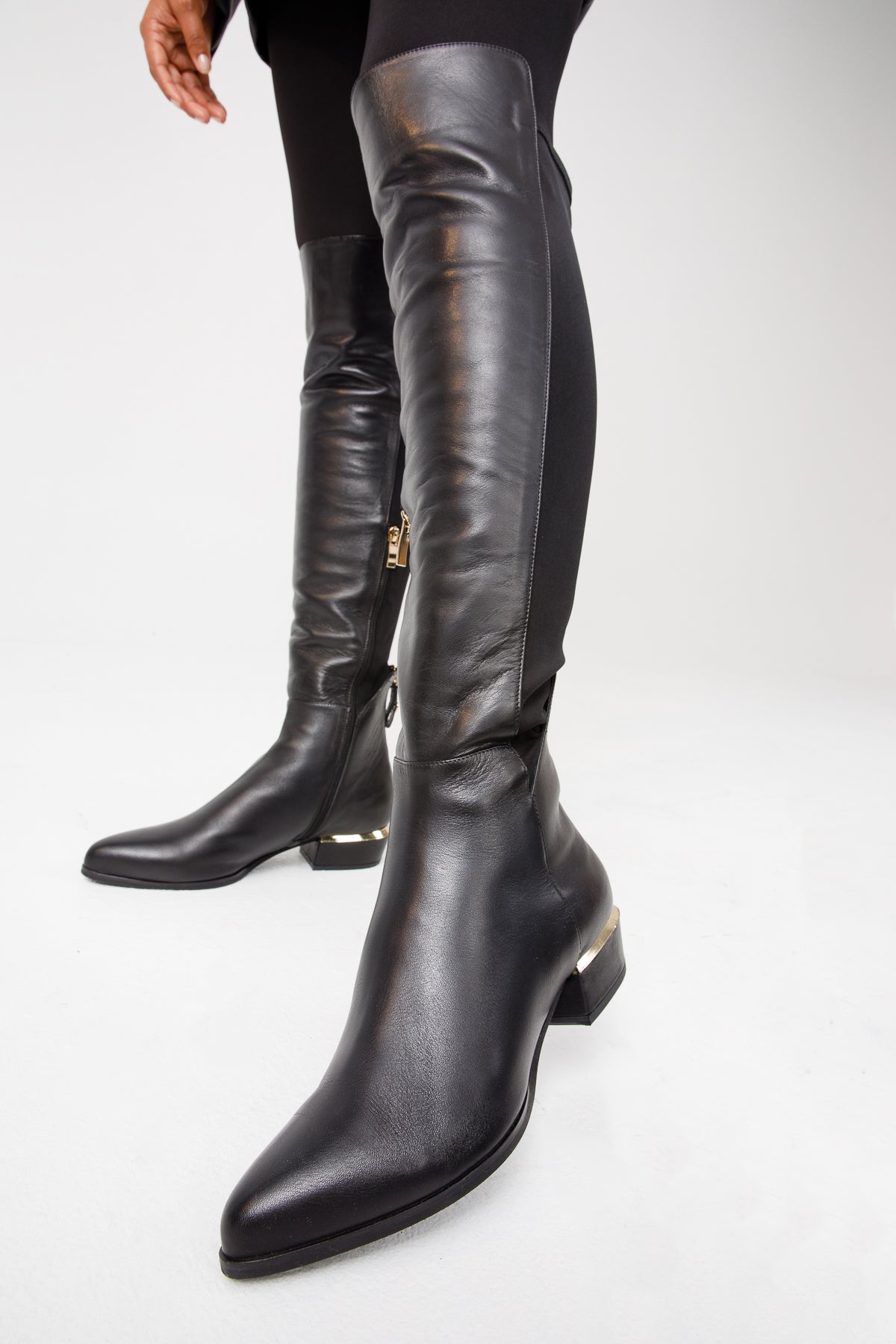 The Fairoks Black Leather Pointy Toe Knee High Boot For Sale