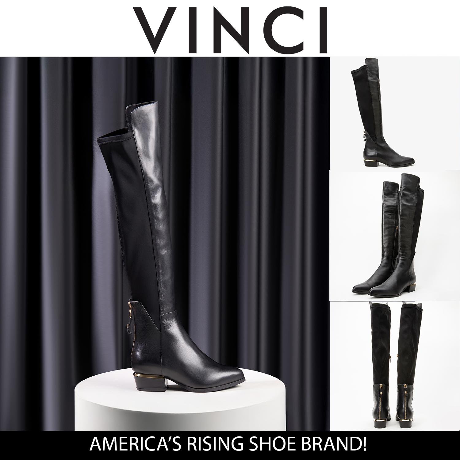 The Fairoks Black Leather Pointy Toe Knee High Boot For Sale