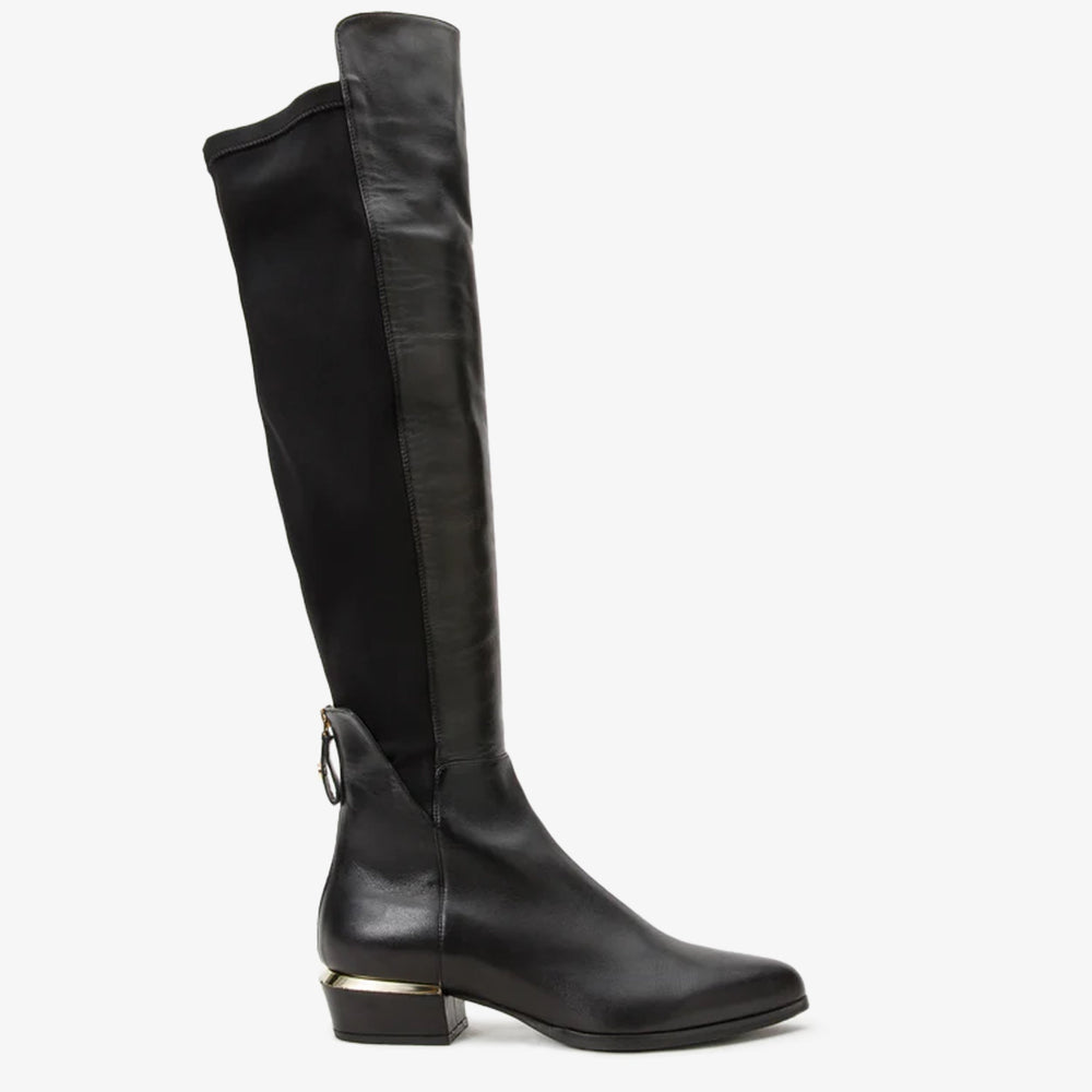 The Fairoks Black Leather Pointy Toe Knee High Boot For Sale