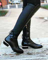 The Fairoks Black Leather Pointy Toe Knee High Boot For Sale