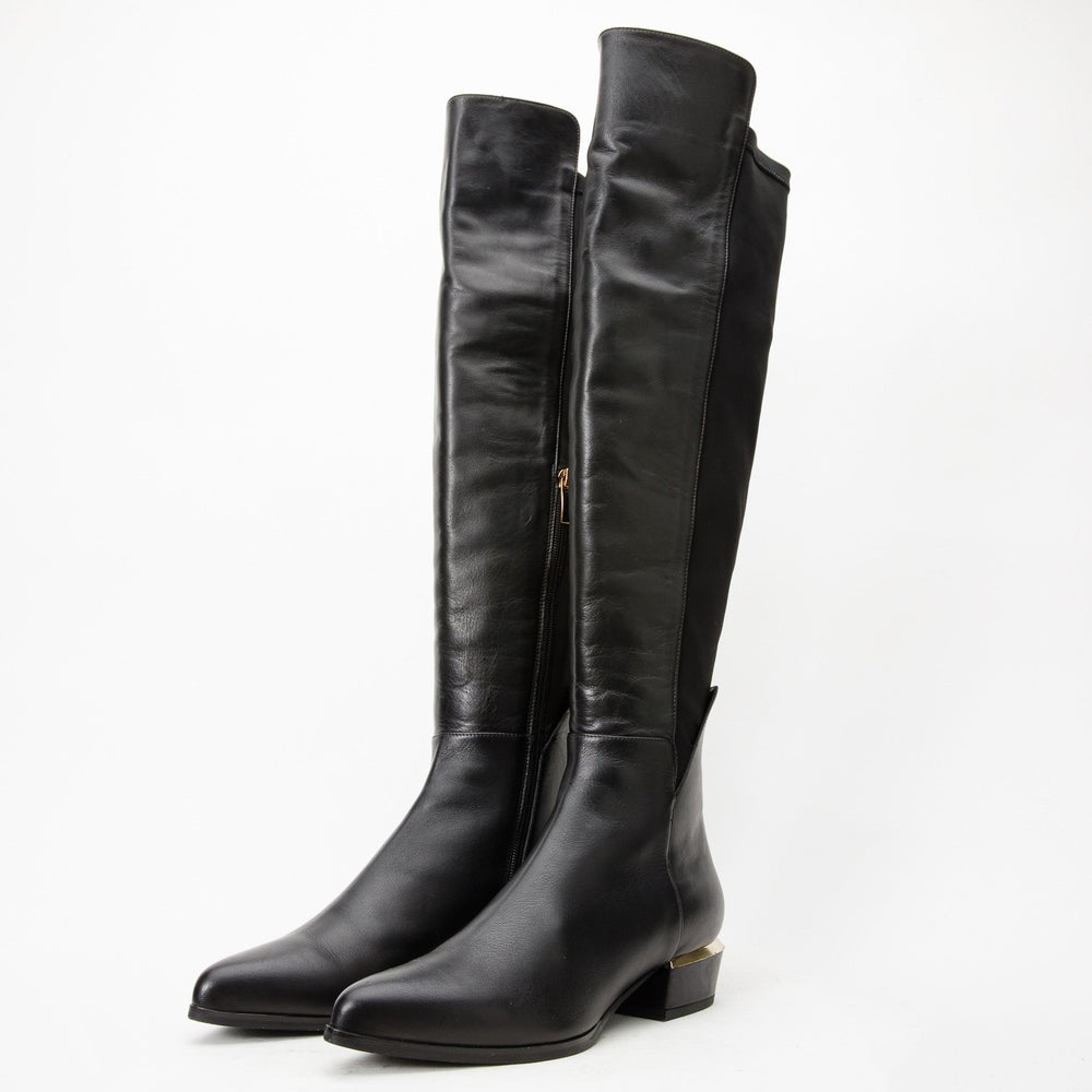 The Fairoks Black Leather Pointy Toe Knee High Boot For Sale