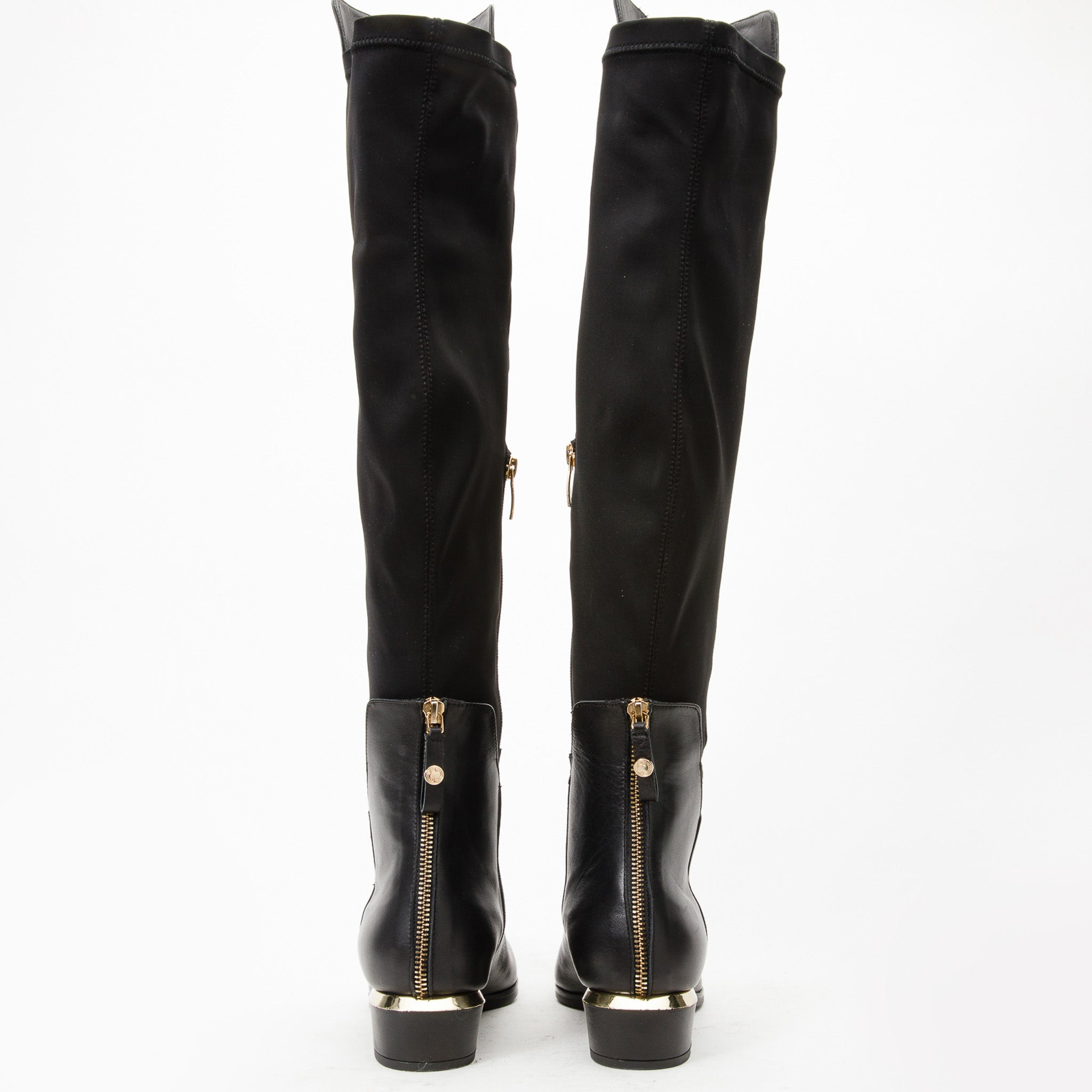 The Fairoks Black Leather Pointy Toe Knee High Boot For Sale