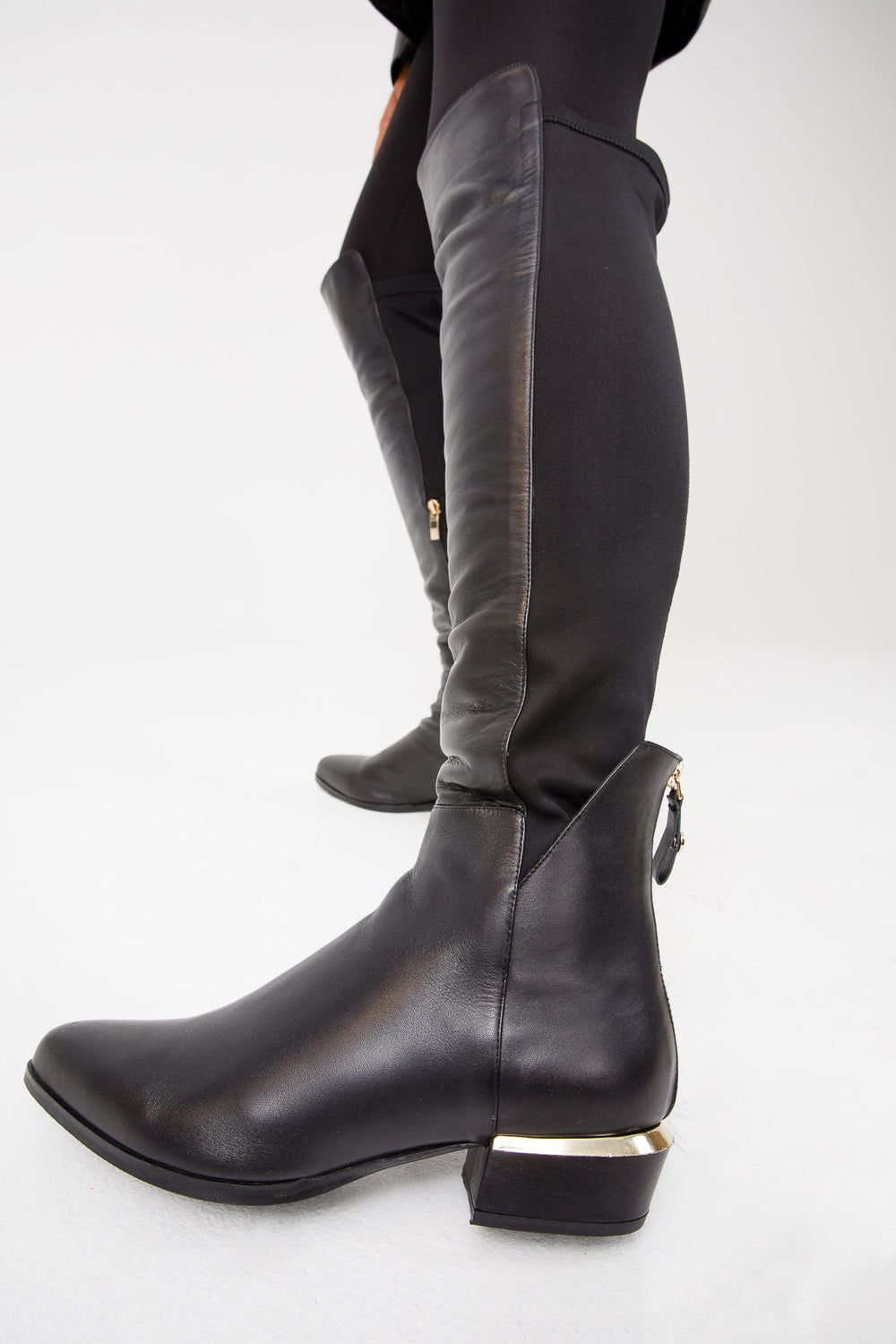 The Fairoks Black Leather Pointy Toe Knee High Boot For Sale