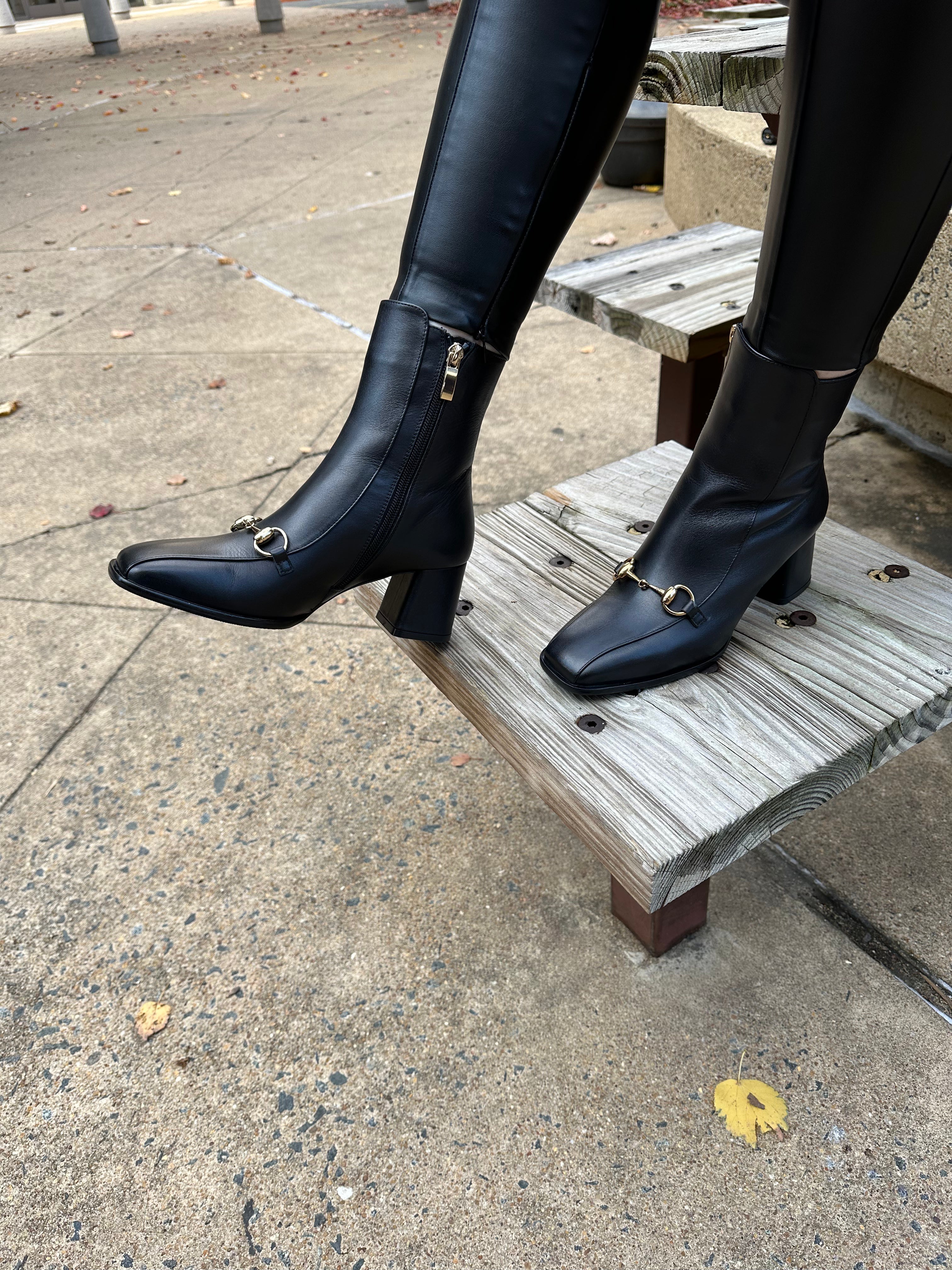The Bukres Black Leather Block Heel Boot Universal Fit