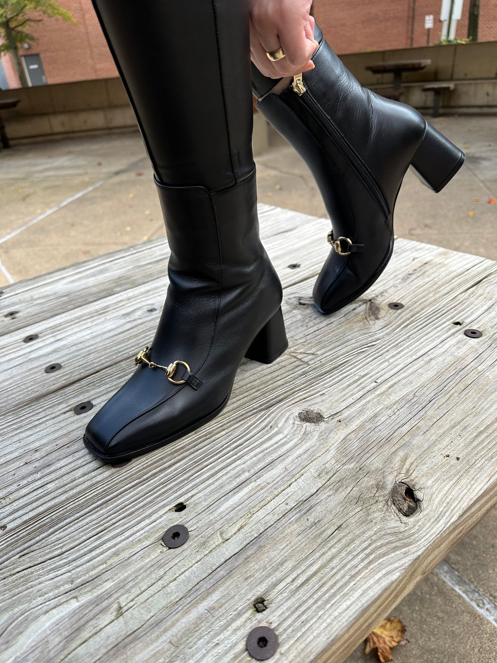 The Bukres Black Leather Block Heel Boot Universal Fit