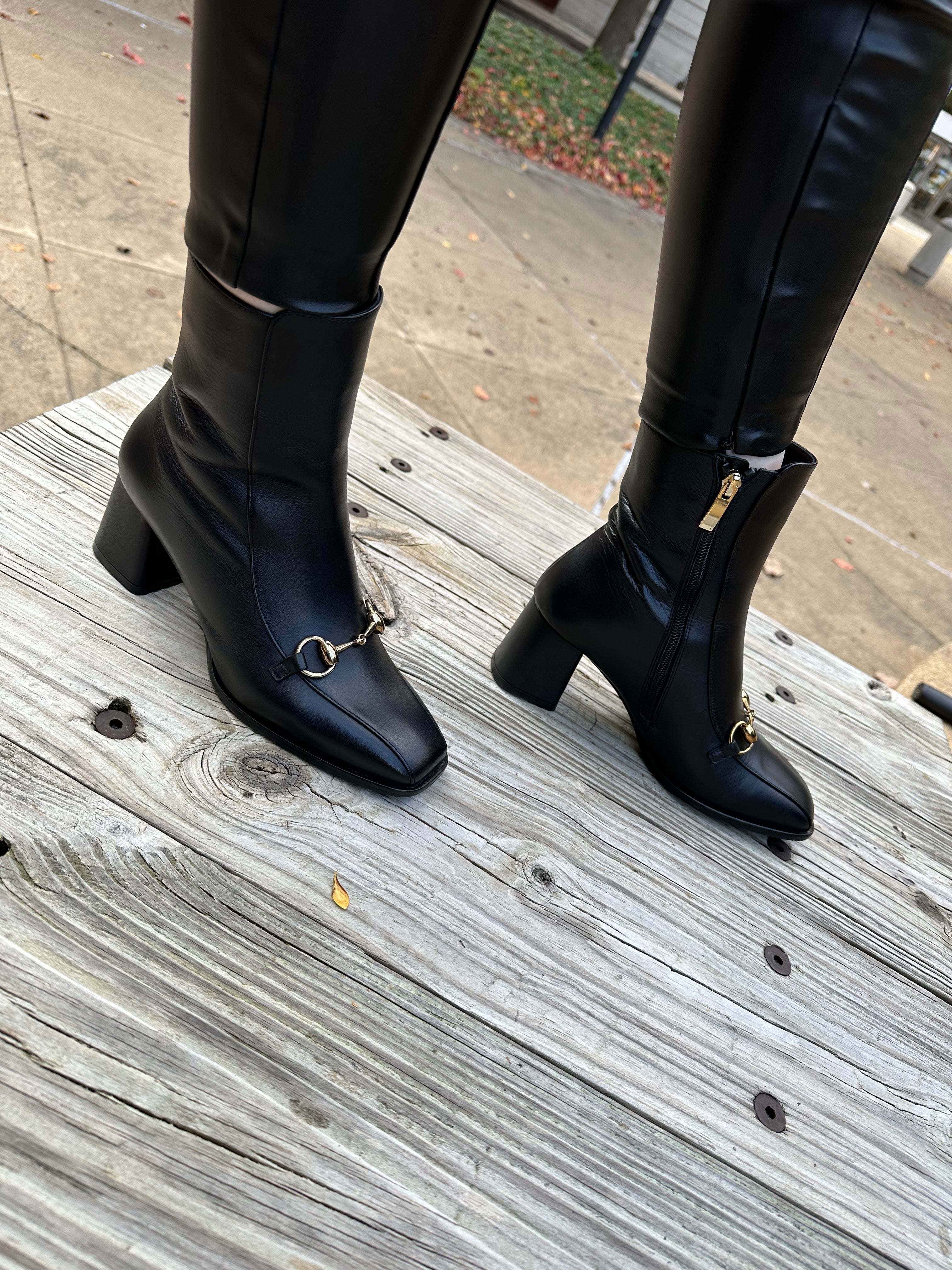 The Bukres Black Leather Block Heel Boot Universal Fit