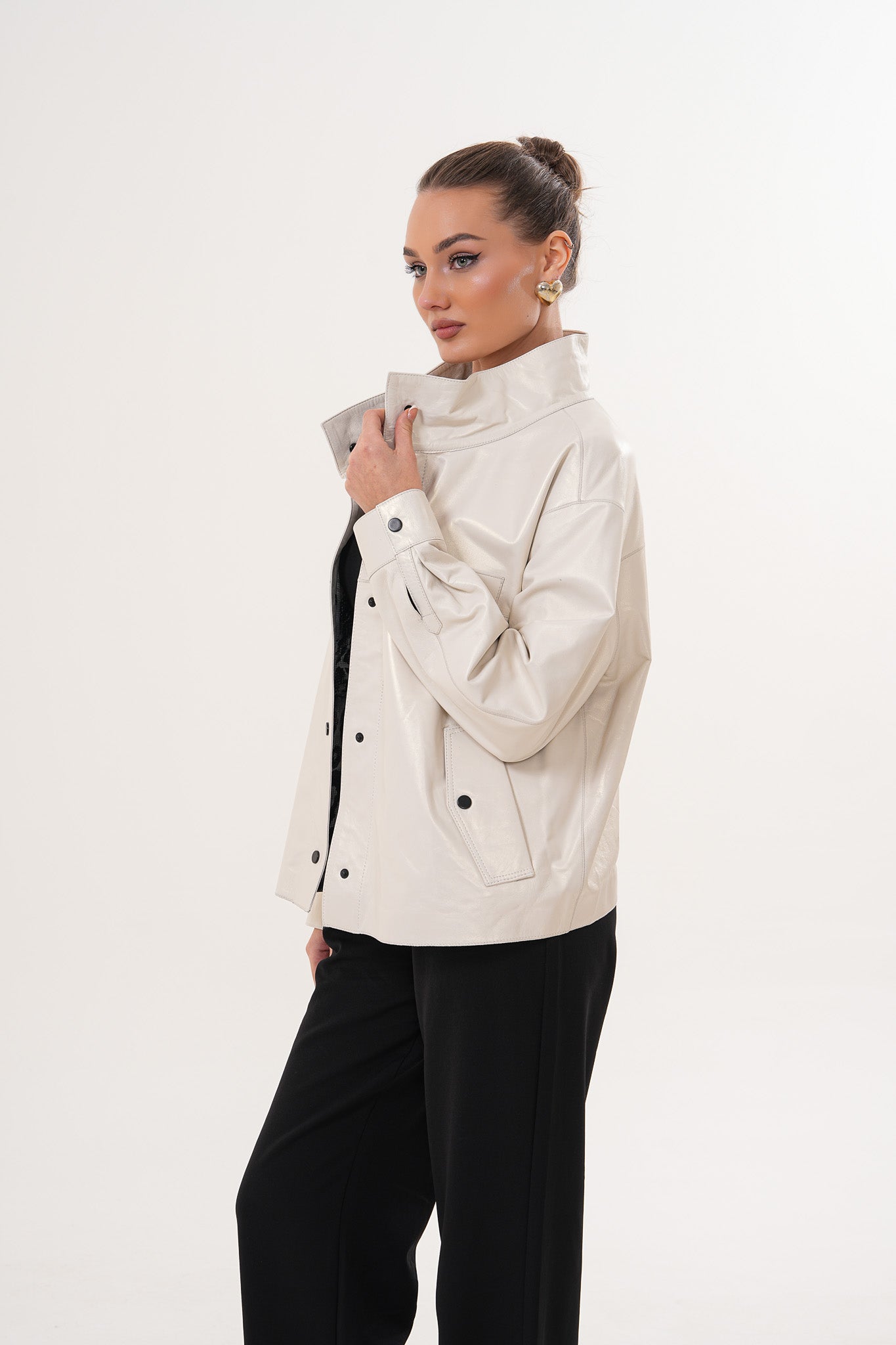 The Velmira Reversible Ivory Leather Jacket For Sale