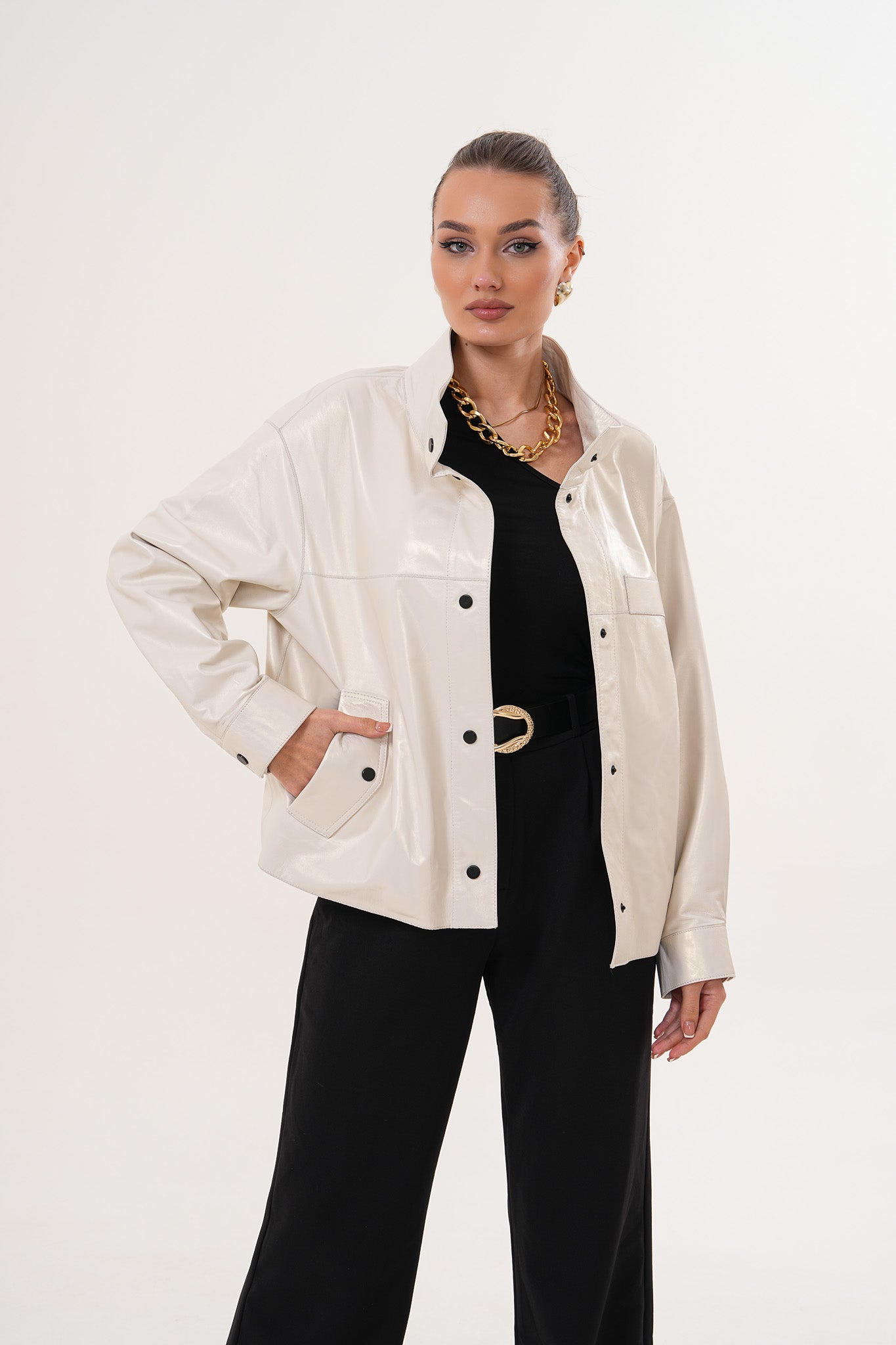 The Velmira Reversible Ivory Leather Jacket For Sale