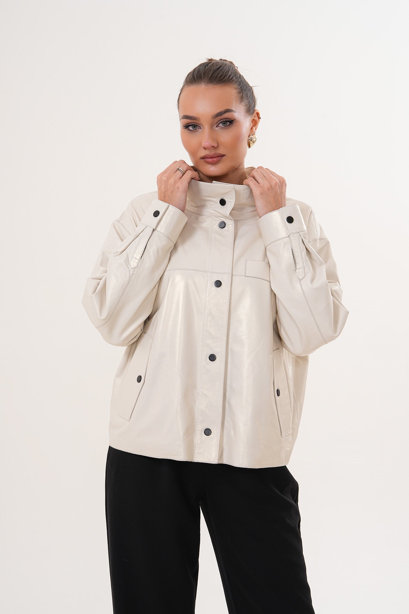 The Velmira Reversible Ivory Leather Jacket For Sale