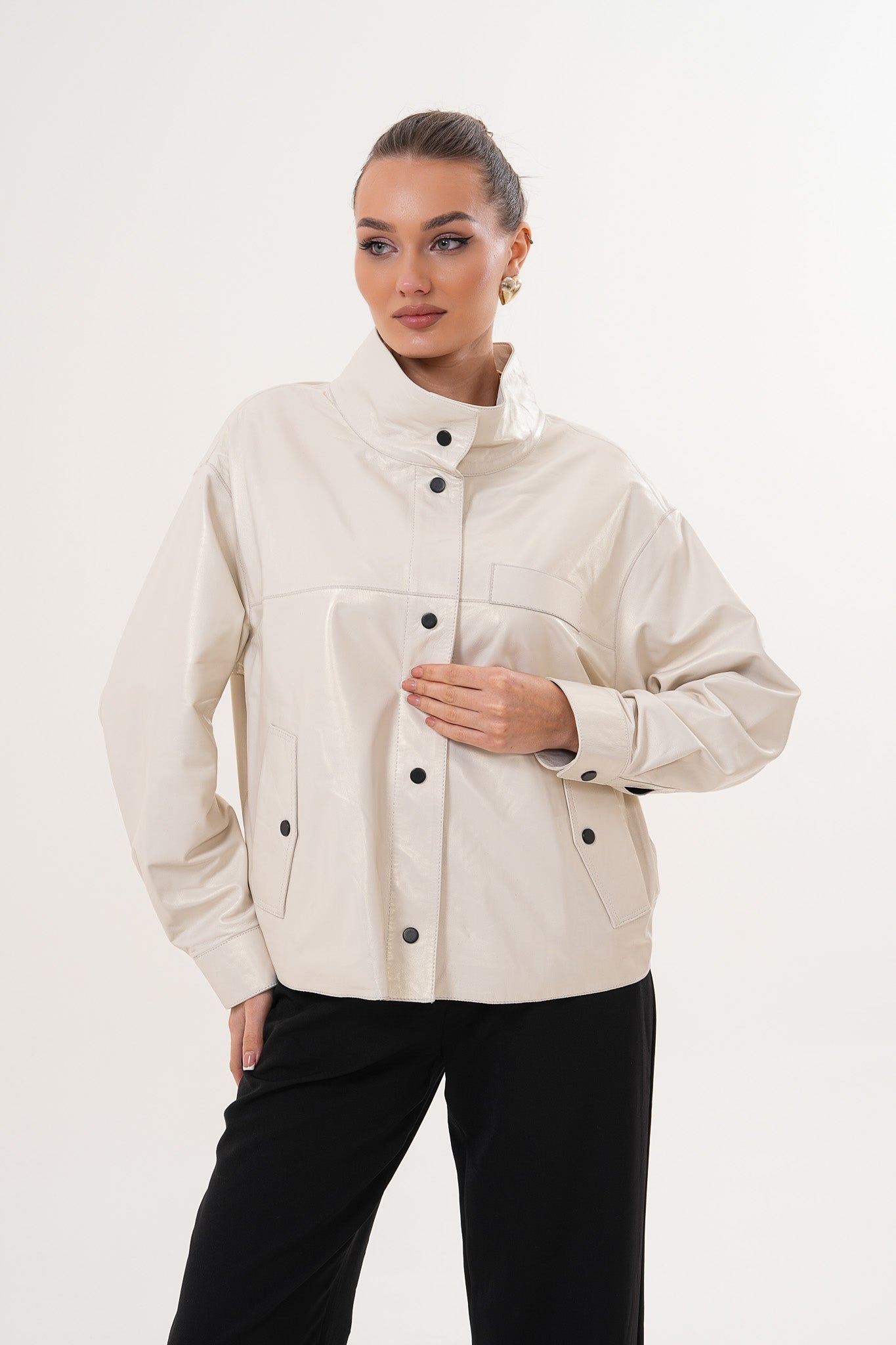 The Velmira Reversible Ivory Leather Jacket For Sale