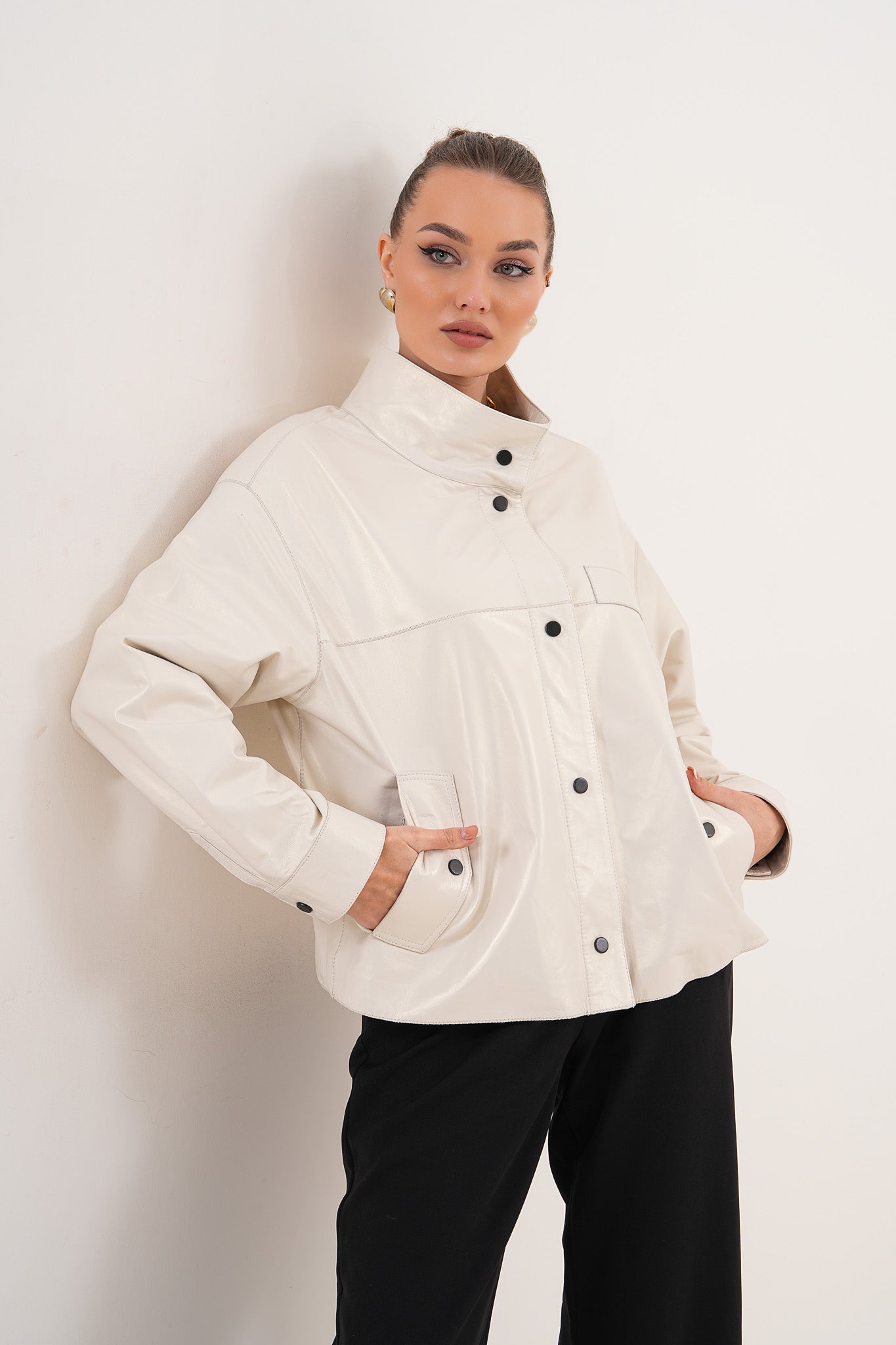 The Velmira Reversible Ivory Leather Jacket For Sale