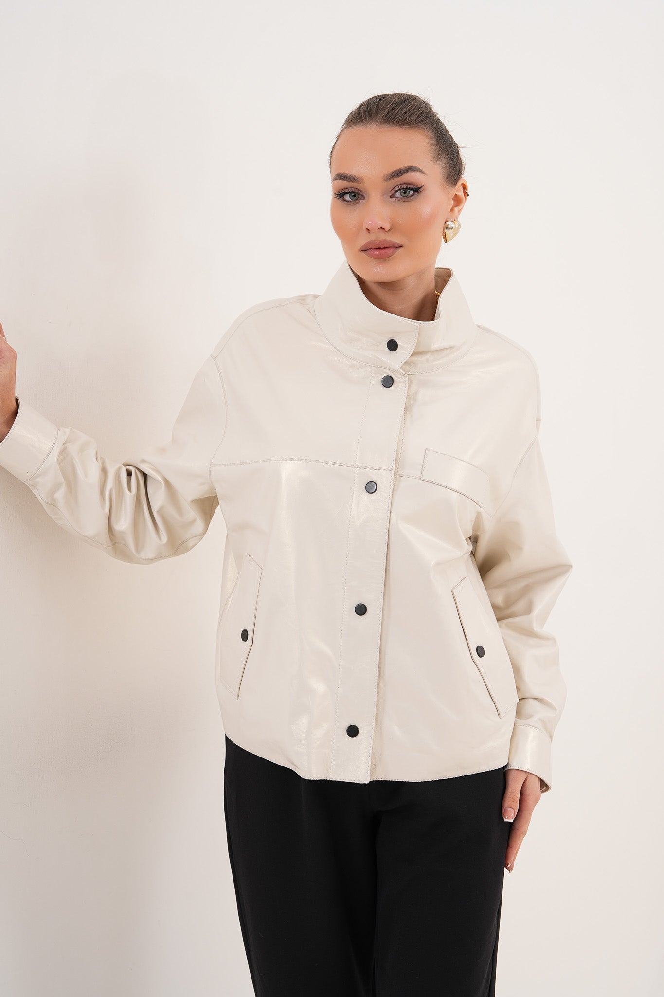 The Velmira Reversible Ivory Leather Jacket For Sale