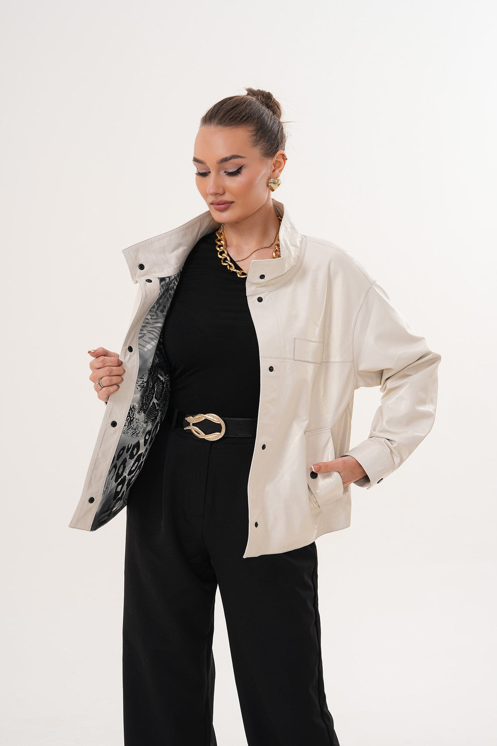 The Velmira Reversible Ivory Leather Jacket For Sale
