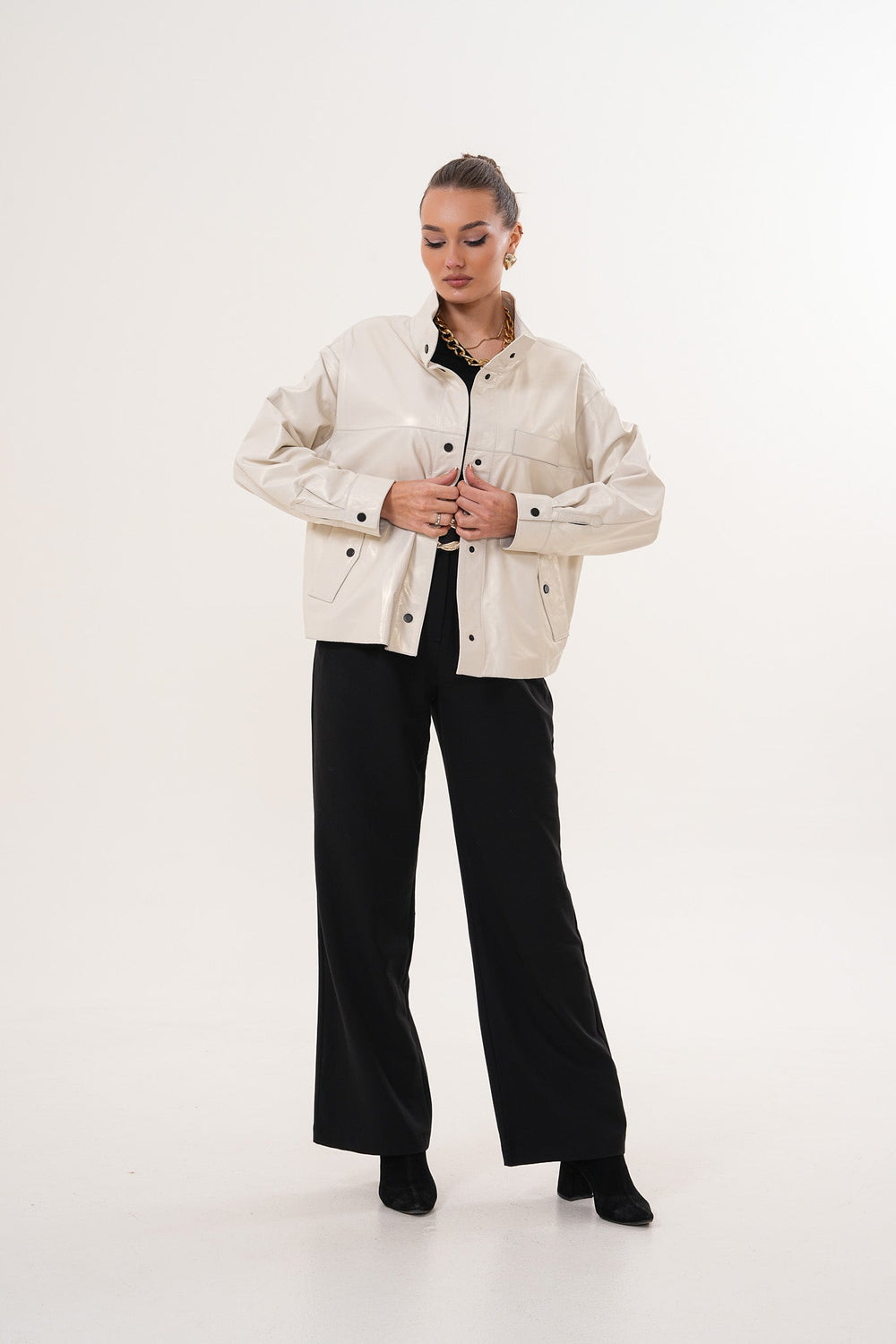 The Velmira Reversible Ivory Leather Jacket For Sale