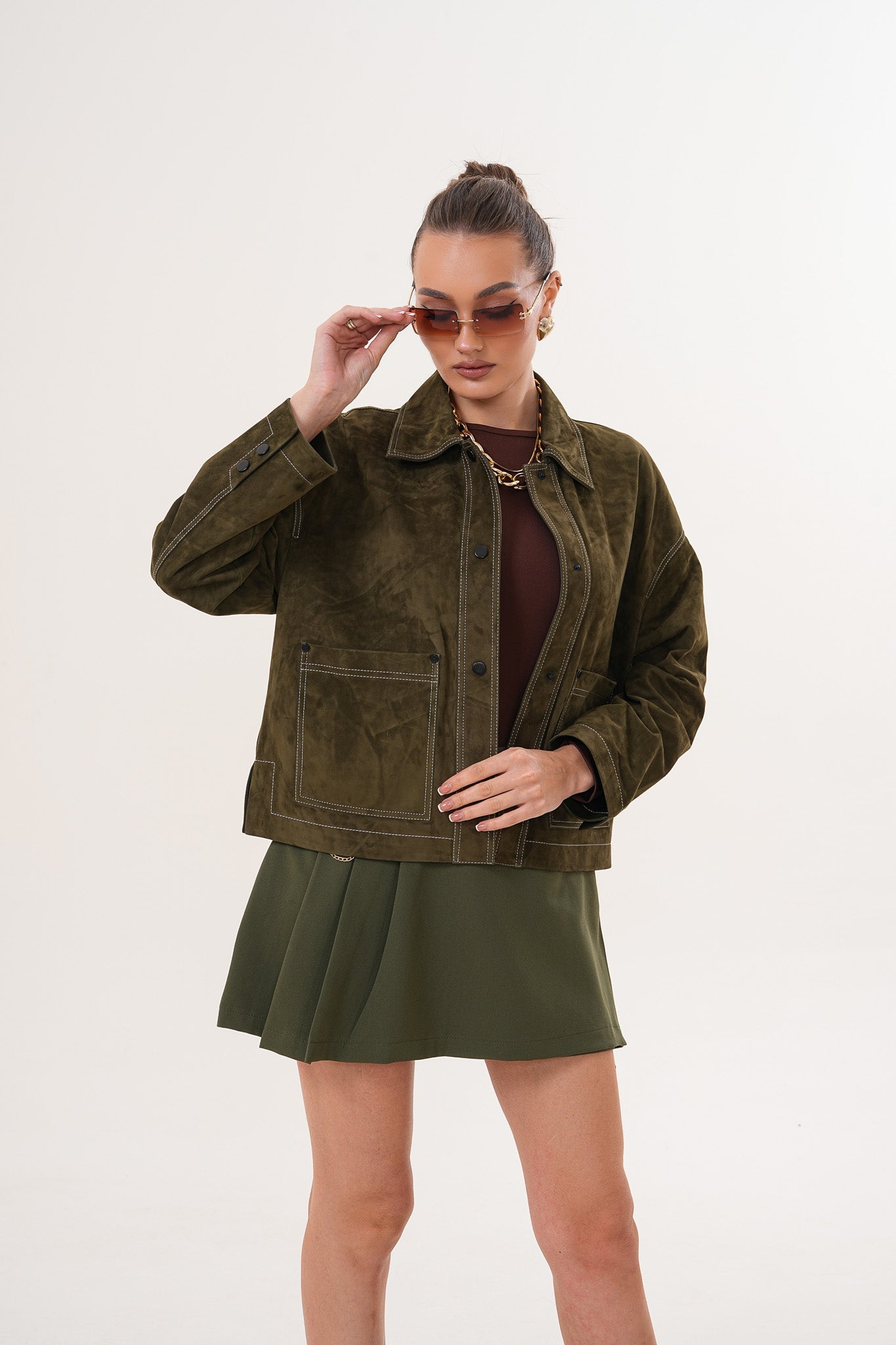 The Solviera Reversible Olive Suede Leather Jacket Fine Craftsmanship