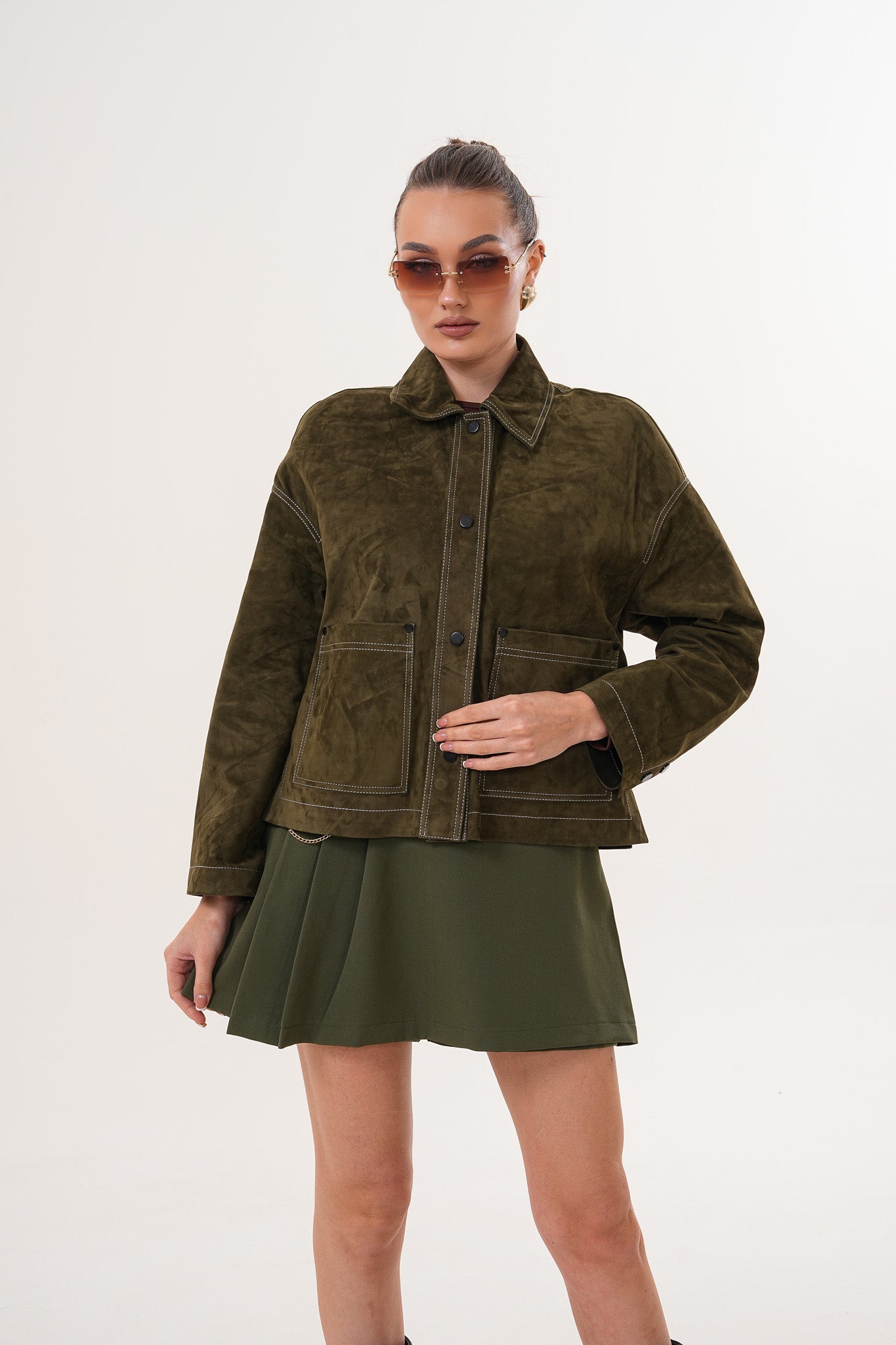 The Solviera Reversible Olive Suede Leather Jacket Fine Craftsmanship