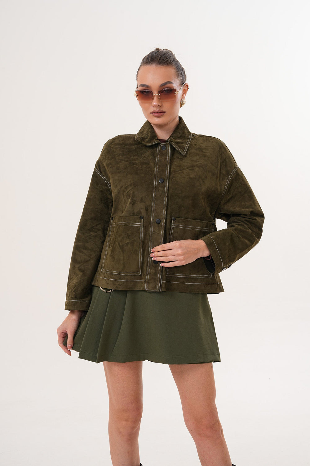 The Solviera Reversible Olive Suede Leather Jacket Fine Craftsmanship