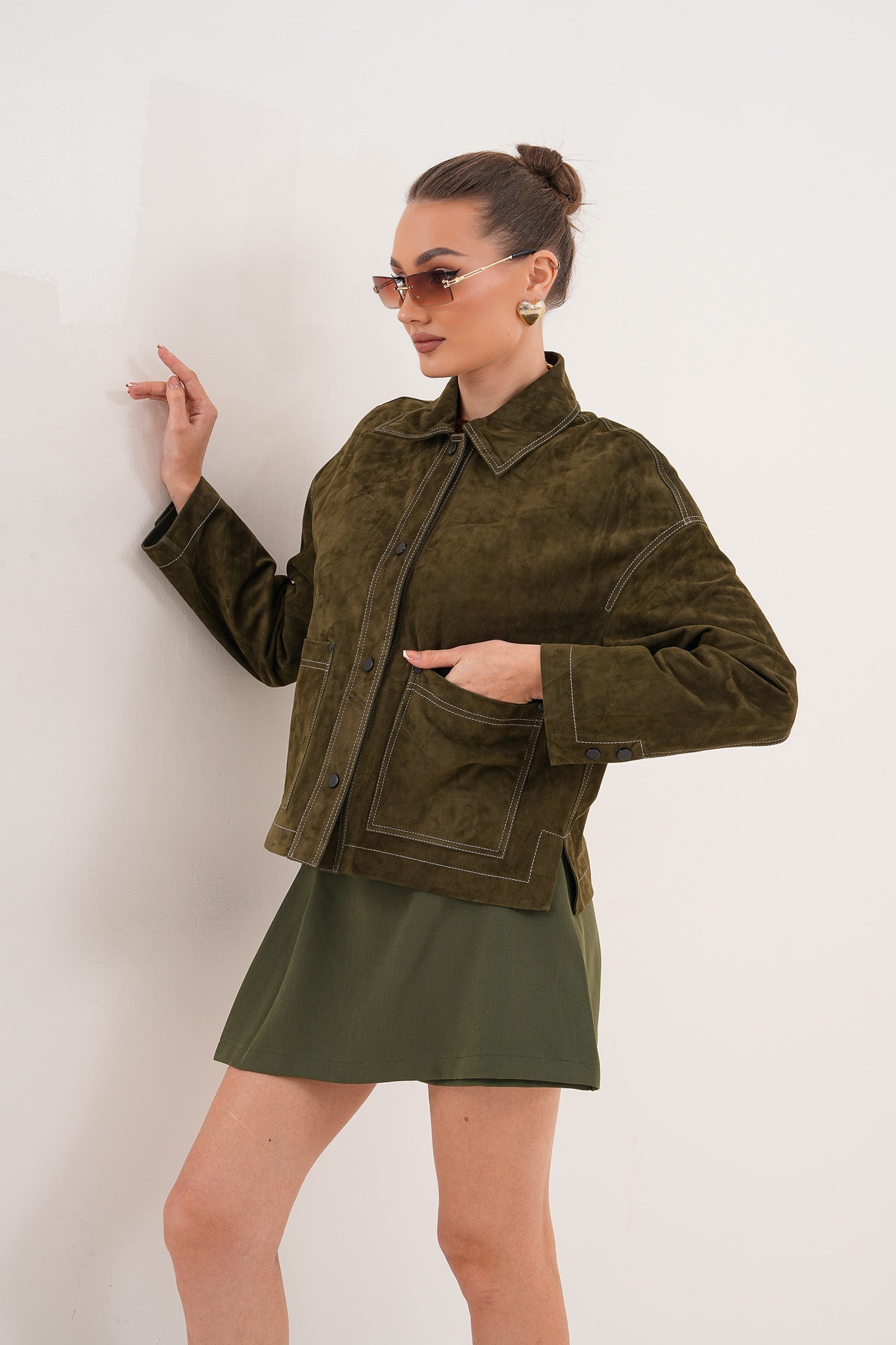 The Solviera Reversible Olive Suede Leather Jacket Fine Craftsmanship