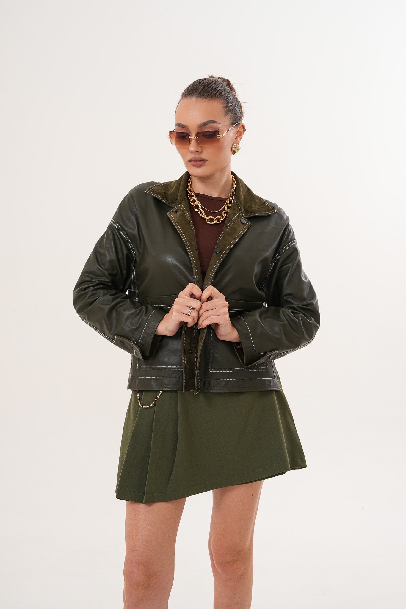 The Solviera Reversible Olive Suede Leather Jacket Fine Craftsmanship