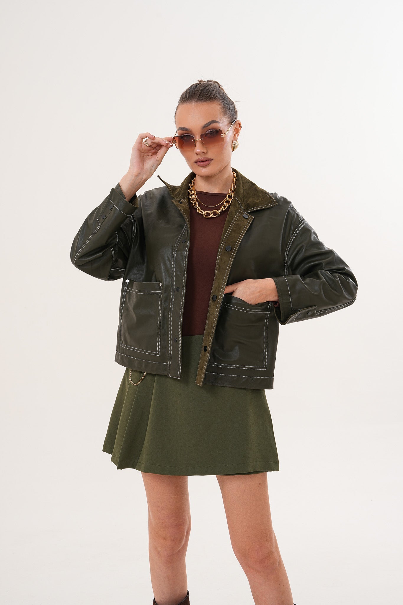 The Solviera Reversible Olive Suede Leather Jacket Fine Craftsmanship
