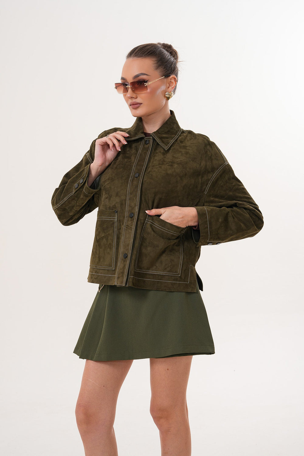 The Solviera Reversible Olive Suede Leather Jacket Fine Craftsmanship