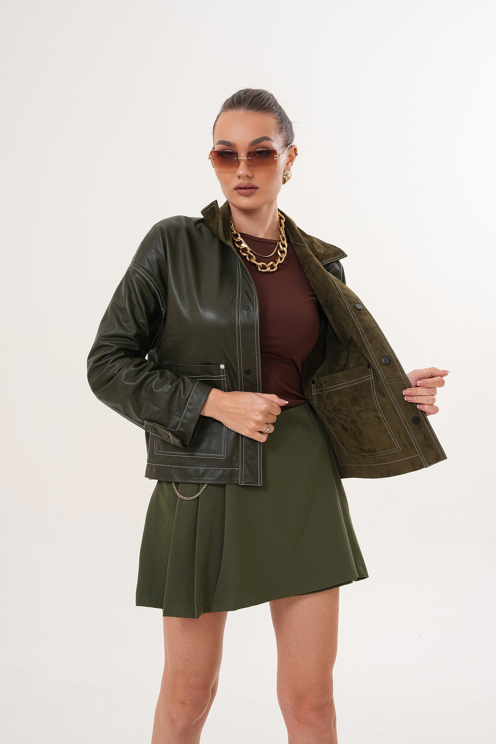 The Solviera Reversible Olive Suede Leather Jacket Fine Craftsmanship