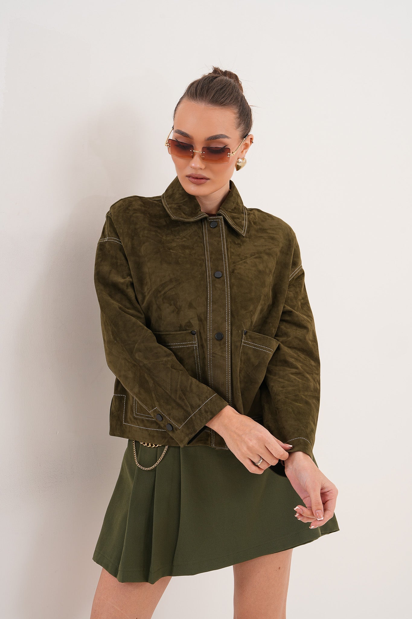 The Solviera Reversible Olive Suede Leather Jacket Fine Craftsmanship