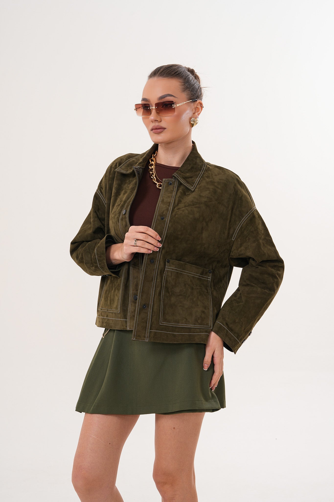 The Solviera Reversible Olive Suede Leather Jacket Fine Craftsmanship