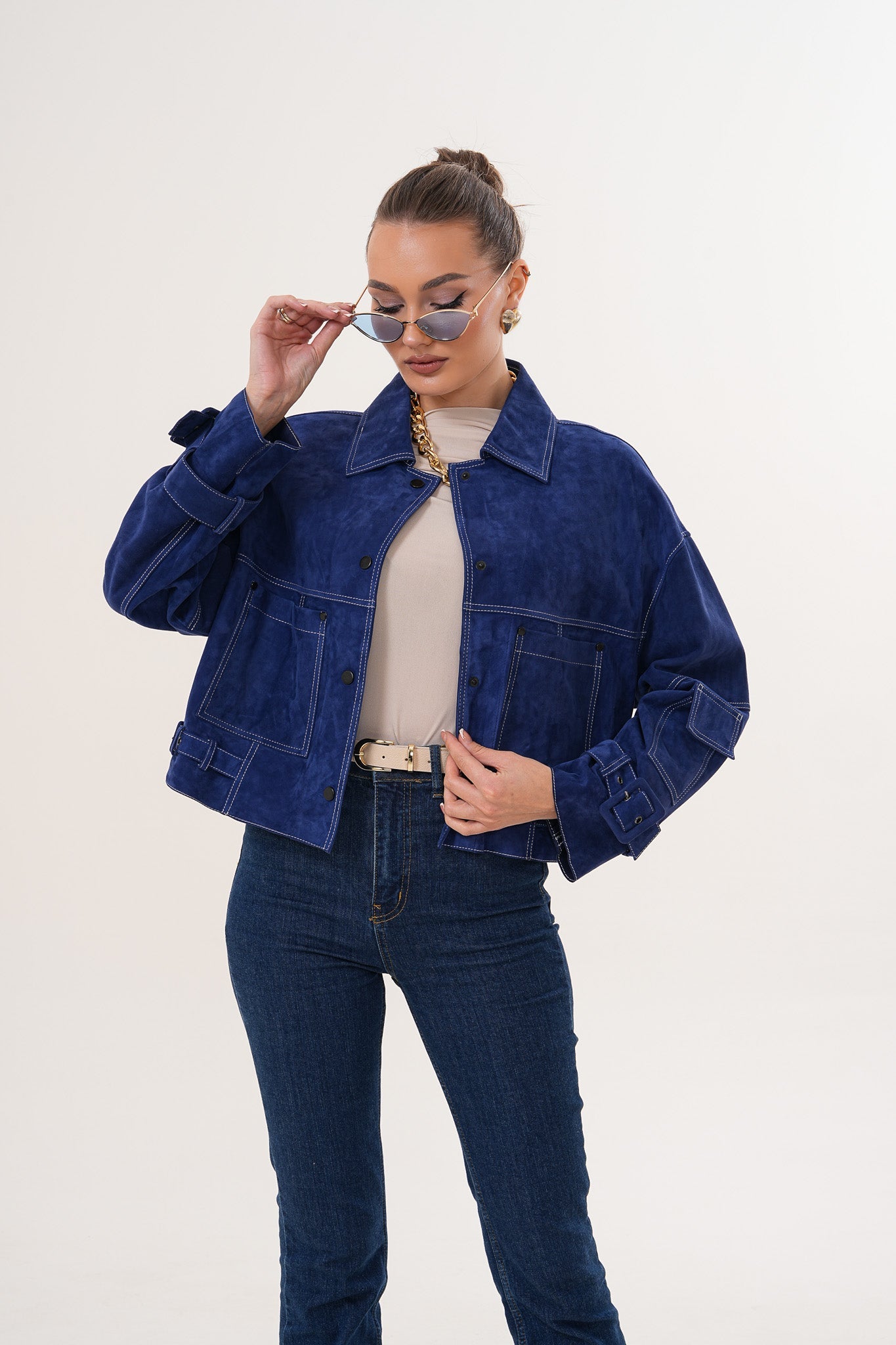 The Velmira Reversible Navy Blue Suede Leather Jacket On Sale