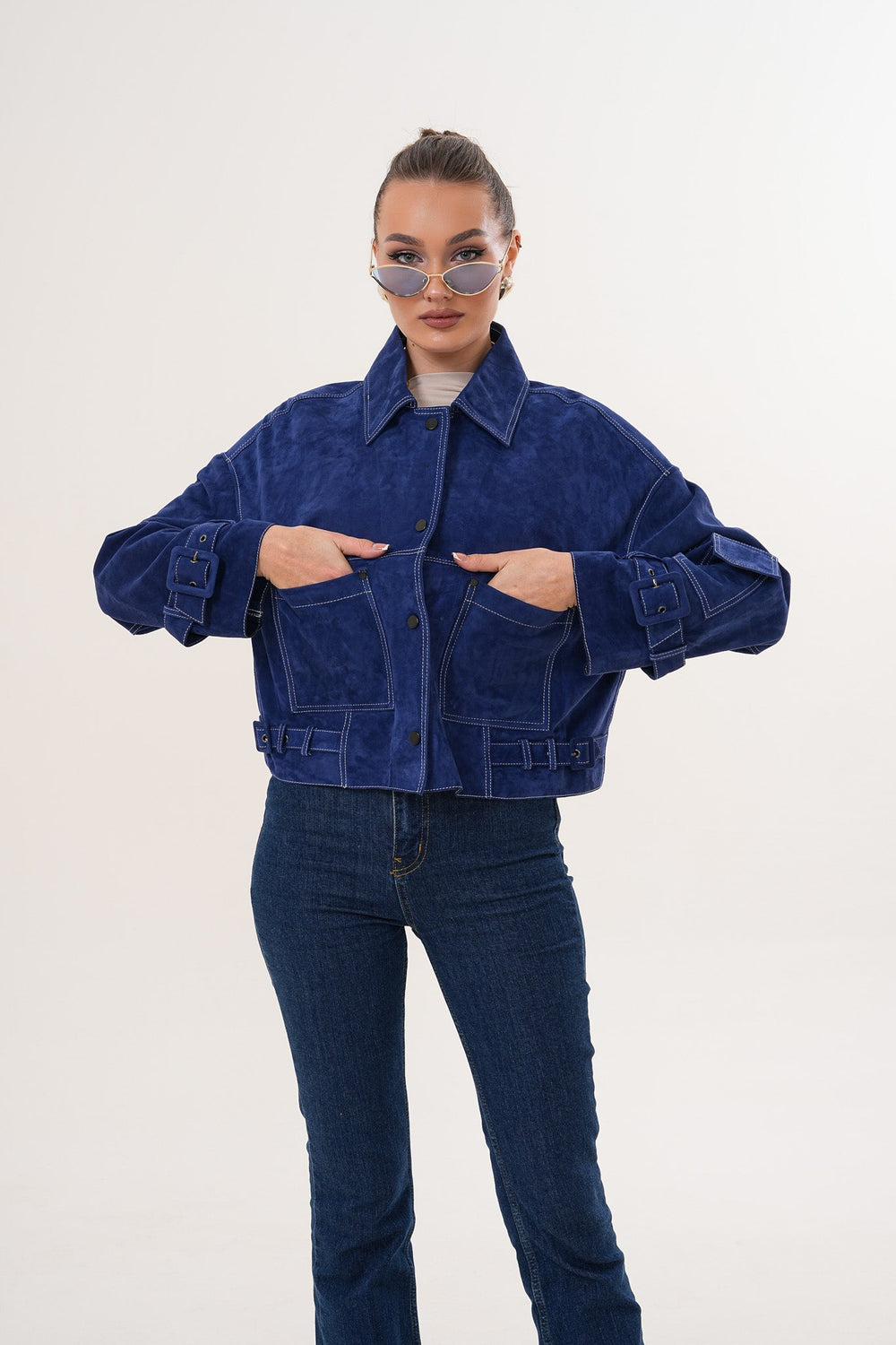 The Velmira Reversible Navy Blue Suede Leather Jacket On Sale