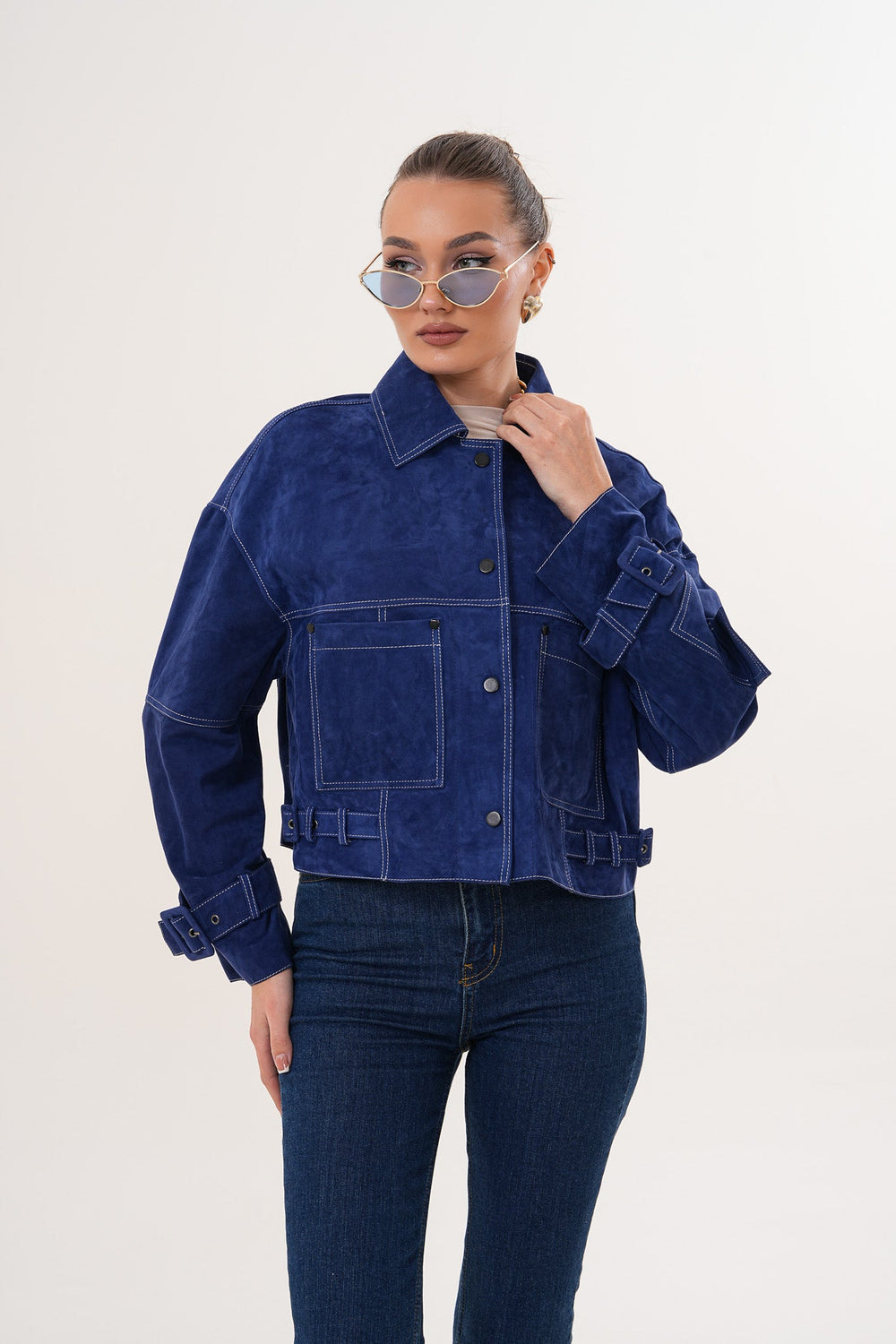 The Velmira Reversible Navy Blue Suede Leather Jacket On Sale
