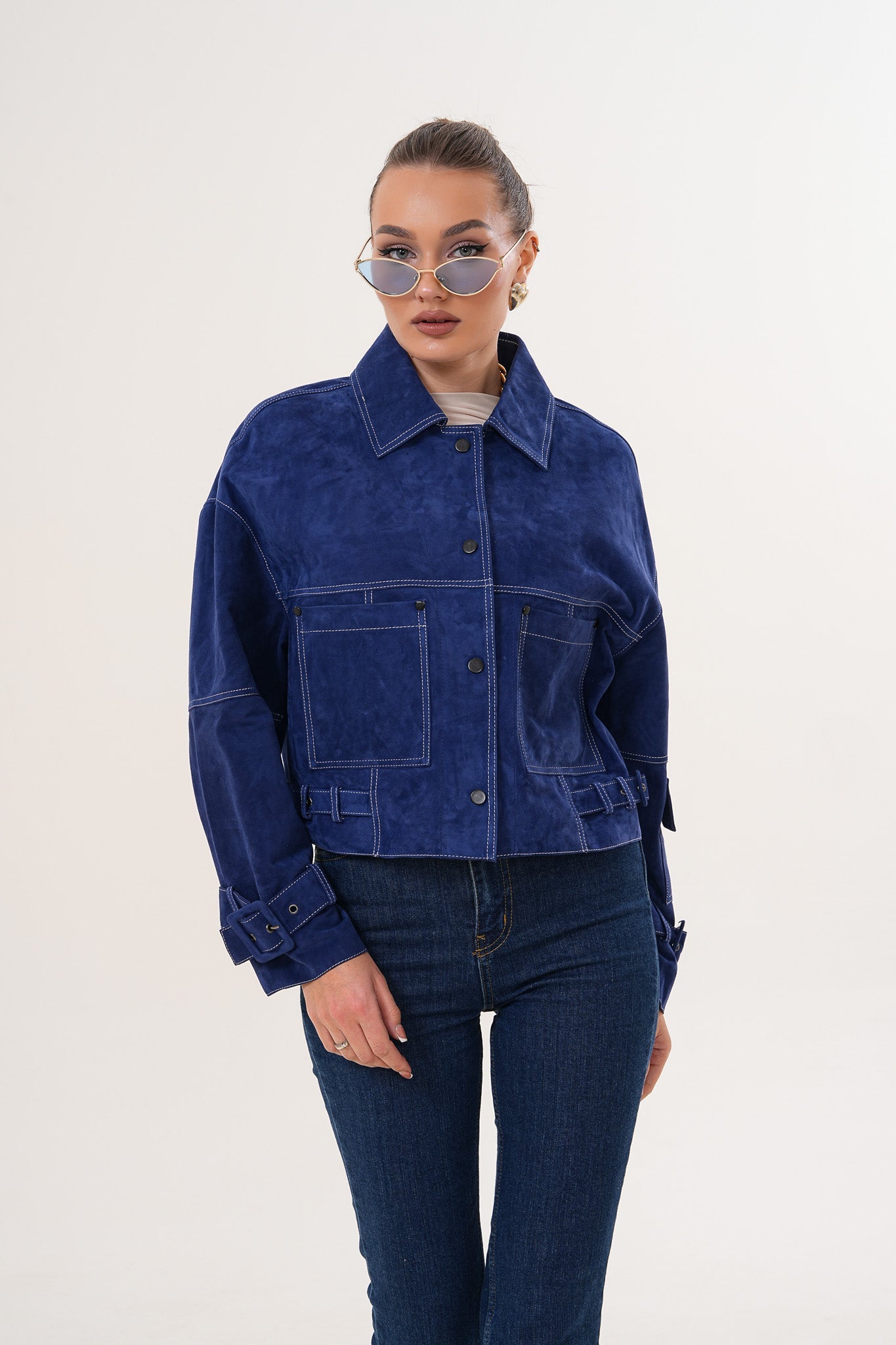 The Velmira Reversible Navy Blue Suede Leather Jacket On Sale