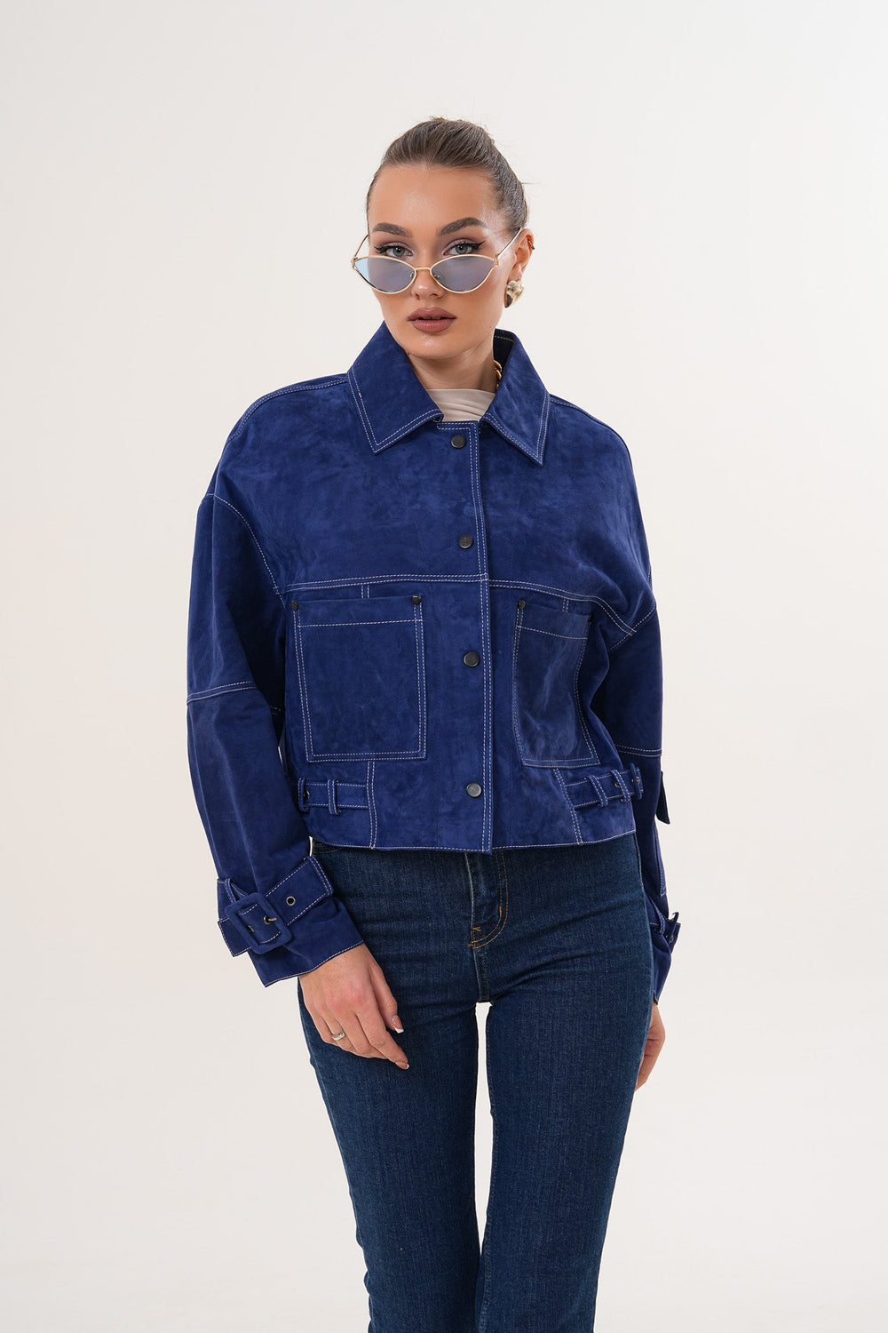 The Velmira Reversible Navy Blue Suede Leather Jacket On Sale