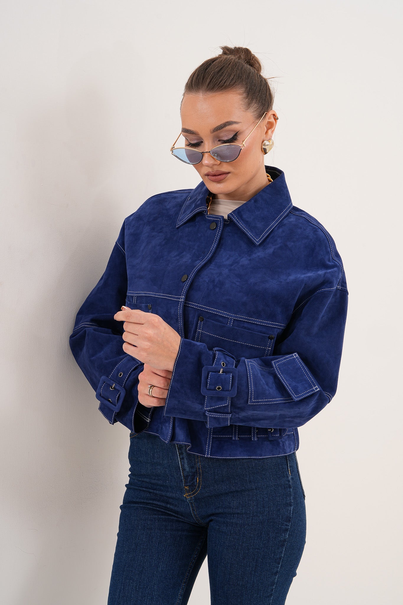 The Velmira Reversible Navy Blue Suede Leather Jacket On Sale